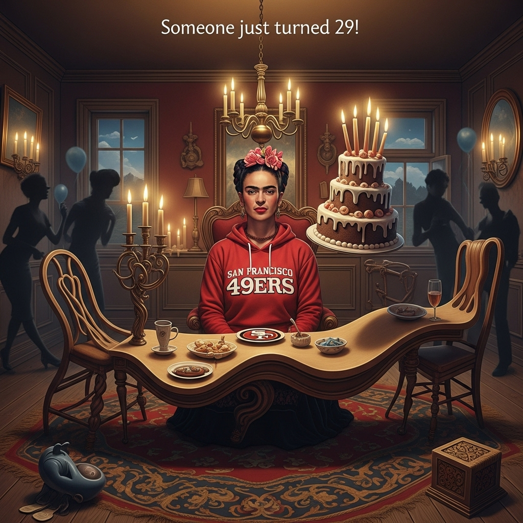 Seance with freida kahlo wearing san francisco 49ers sweatshirt. candles on birthday cake., and Birthday Card