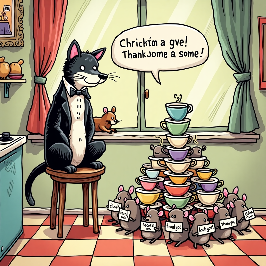 In the whimsical scene set on the front of a thank-you greetings card, we find ourselves in a cozy, cartoonish kitchen where a cheeky, tuxedo-wearing cat named Whiskers is orchestrating a quirky thank-you feast. Inspired by the classic charm of Charles Schulz’s Peanuts and the clever humor of Gary Larson's The Far Side, the kitchen is bustling with personality and details. Whiskers, perched confidently on a stool, is surrounded by an array of mismatched, colorful teacups and saucers stacked precariously like an elaborate tower of gratitude. On the checkered floor, a line of curious mice, dressed in tiny bowties, are performing a synchronized dance, a nod to Osamu Tezuka's sense of movement. Each mouse holds a tiny, hand-painted “thank you” sign, adding a comical touch reminiscent of R. Crumb’s underground comix. The walls are adorned with vintage cartoon posters, an homage to Winsor McCay’s Little Nemo, and there's an oversized window with curtains billowing gently, through which a mischievous squirrel can be seen peeking in, intrigued by the spectacle. Above Whiskers, a speech bubble - in the style of Bill Watterson’s Calvin and Hobbes - reads: “Thanks a ton! I couldn’t have done it without my purr-fect pals!” This lively, humorous scene captures the chaotic yet endearing essence of gratitude, designed to bring a smile to anyone who receives it.
Generated with these themes: Cat.
Made with ❤️ by AI.
