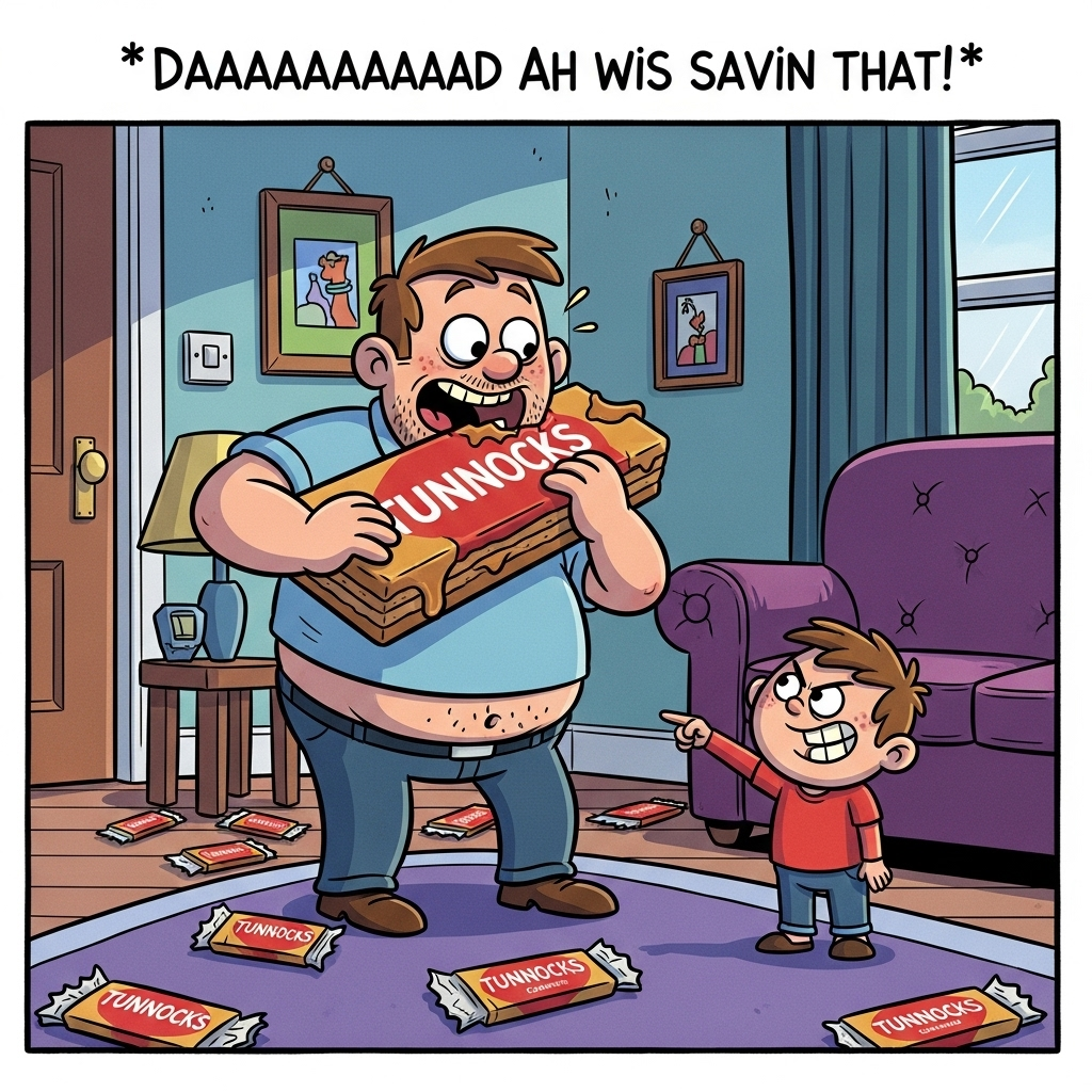 At the top of the Cartoon Style image, include the text: **Daaaaaaaaaad Ah wis savin that!**

Image Prompt: A whimsical cartoon scene featuring a father and child in a living room. The father, a playful character with an exaggerated dad-bod, is caught red-handed, mid-bite into a giant Tunnocks caramel wafer. His wide eyes show a mix of delight and surprise. The child, a cheeky character with a mischievous grin, stands on tiptoes trying to reach for the wafer, pointing accusingly at the dad. In the background, bright and vibrant colors fill the room with Tunnocks caramel wafer wrappers scattered humorously across the floor. The atmosphere is lively and playful, with thick outlines and bold, saturated colors enhancing the comedic effect.
Generated with these themes: Tunnocks caramel wafer, and .
Made with ❤️ by AI.