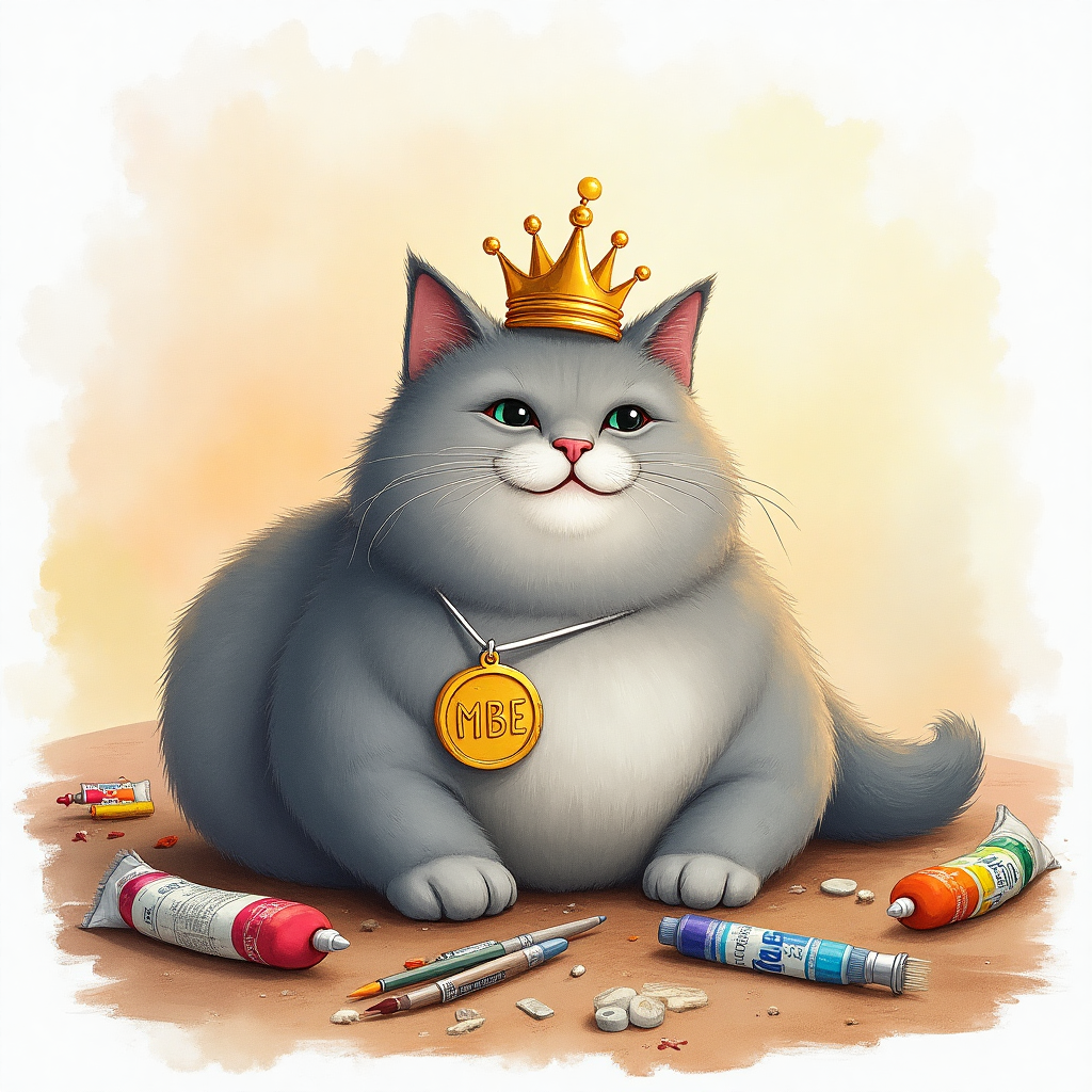 **Image Prompt:**

Imagine a whimsical watercolor scene set on a vintage artist's table. In the center, a plump and content grey cat lounges, adorned with a tiny golden crown jauntily perched on its head. Beside the feline, a gleaming MBE Medal glows softly with a sense of honor and achievement. Surrounding the cat, an assortment of vibrant watercolor paint tubes and brushes lie scattered, as if the feline is an artist at rest. The background features a gentle wash of pastel hues, reminiscent of a soft, dreamy sunrise.

**Caption (incorporated into the image):**  
"Crowned in Creativity & Purr-fection!"
Generated with these themes: MBE Medal, Artist, Grey cat, Crown , , and .
Made with ❤️ by AI.