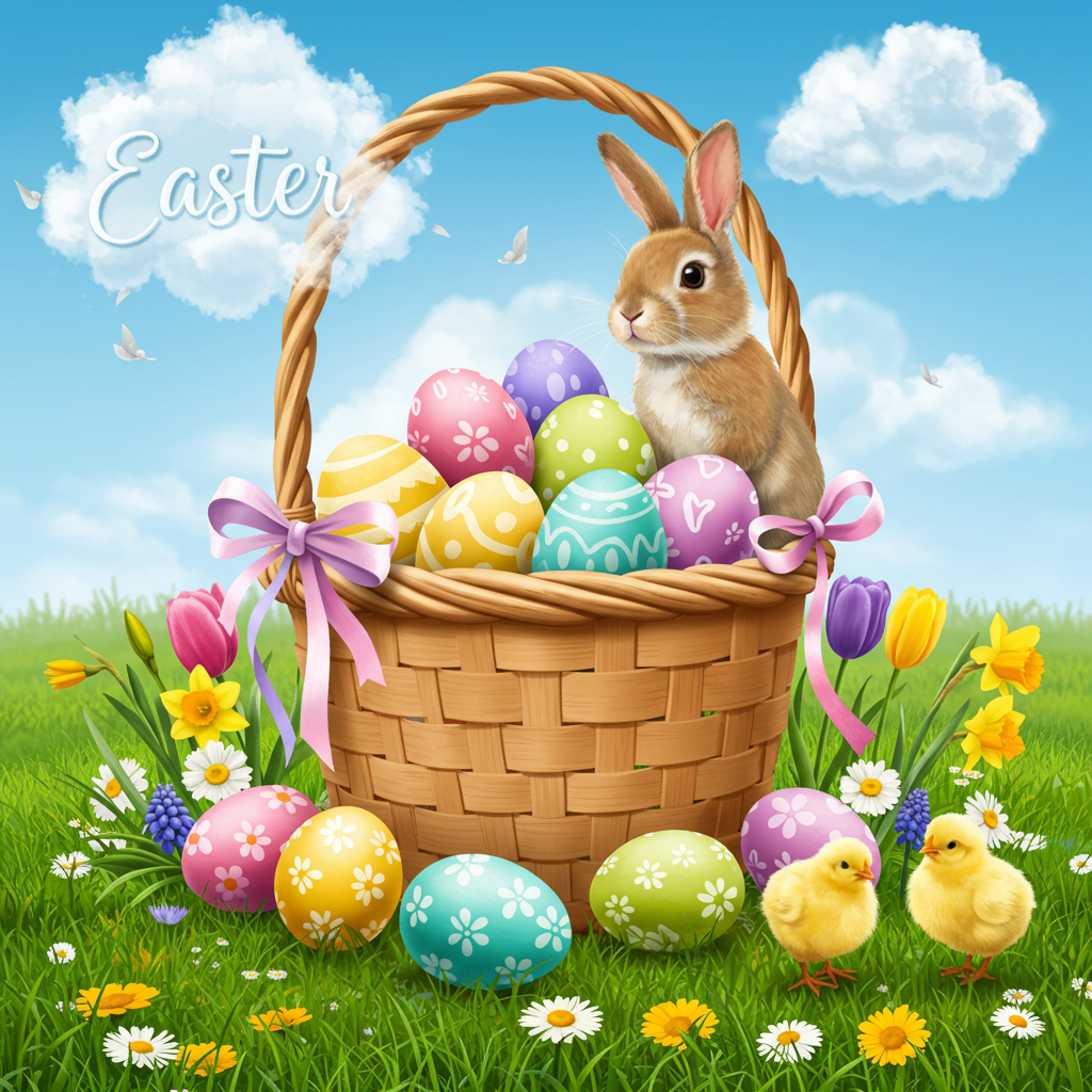 Visualize an Easter-themed scene where the primary focus is a large, intricately detailed Easter basket sitting in a lush, verdant meadow. The basket is woven with realistic textures of wicker and adorned with ribbons in pastel shades of pink, lavender, and baby blue, catching the light as they flutter slightly. Overflowing from the basket are vividly colored eggs, each painted with lifelike details—delicate patterns of dots, stripes, and zigzags in an array of bright colors such as canary yellow, cherry red, and teal.

Perched jauntily on the handle of the basket, a realistic rabbit, with finely detailed fur in shades of soft brown and cream, curiously peeks over at the eggs. Surrounding the basket, a scattering of spring flowers—daffodils, tulips, and daisies—adds splashes of white, yellow, and deep purple, nestled in the green grass.

Above this charming scene, the sky is a bright, clear blue with a few fluffy, white clouds lazily drifting by. In one of the clouds, subtly integrated, is the text "Easter" spelled out in a wispy, cloud-like font, giving it the appearance of naturally forming letters.

To the right, a small group of realistic chicks, their feathers a soft, downy yellow, peck around inquisitively near the base of the basket, completing the Easter tableau.
Generated with these themes: Easter.
Made with ❤️ by AI.
