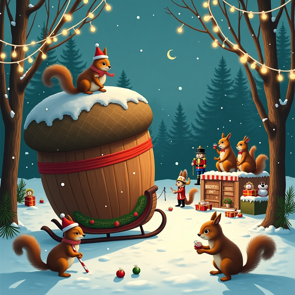 In the heart of a bustling snow-covered forest, we find a whimsical Christmas scene straight from the imagination of a holiday enthusiast. The setting is a quaint clearing, illuminated by the soft glow of twinkling fairy lights draped across the branches of the towering evergreens. At the center, an enormous, hilariously oversized acorn is perched atop a decorated sleigh. A team of determined squirrels, wearing tiny Santa hats and colorful scarves, scurries around, clearly engaged in an epic effort to secure the acorn with a comically oversized red ribbon. The leader squirrel, sporting a tiny monocle and wielding a candy cane like a general’s baton, directs the operation with all the seriousness of a military commander.

To the right, a squirrel choir, each wearing a matching red bow tie, sings animatedly from a Christmas carol book, with notes floating up and intertwining with the snowy backdrop. The choir is set on a makeshift stage of stacked snowballs, each snowball topped with a small pinecone acting as a microphone. Nearby, a row of squirrel-sized wooden nutcrackers stand guard, their stern expressions betrayed by the whimsical mistletoe wreaths hung on their heads.

Behind this festive hubbub, a squirrel in a red and white striped apron tends to a makeshift hot chocolate stand, complete with steaming mugs and a sign reading “Nutty Nog – Try Me!” The scene bursts with tiny details: snowflakes catching the glow of the lights, the occasional fallen ornament half-buried in the snow, and a cheeky squirrel popping out of a wrapped gift, its head adorned with a bow. All this takes place under a sky speckled with stars, capturing a moment of joyful chaos as these quirky creatures prepare for their own unique holiday celebration.
Generated with these themes: squirrels.
Made with ❤️ by AI.