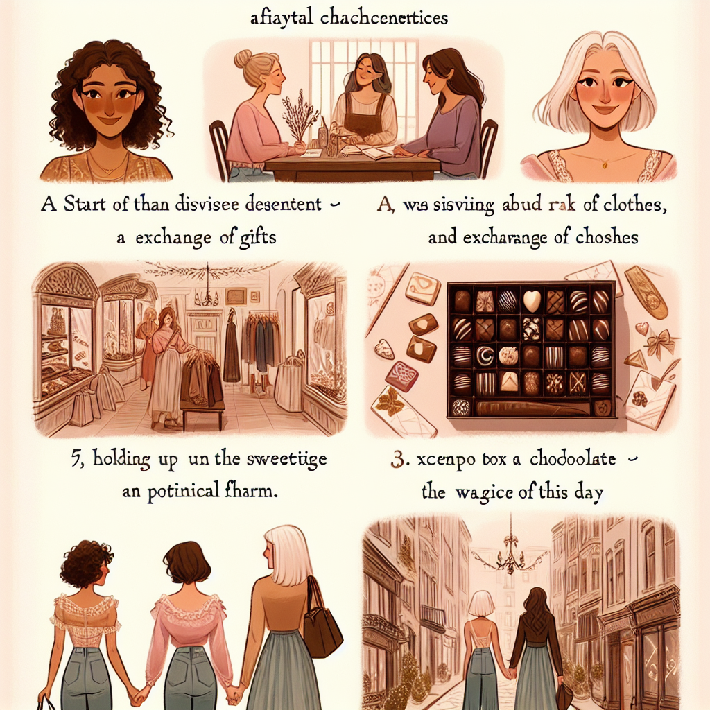 An image that encapsulates a day filled with fairytale characteristics. Start with depicting two women with diverse descendents - one Hispanic and the other one Caucasian. Show them visiting a small, unique boutique, filled with classical charm. They could be seen sifting through racks of clothes, exchanging smiles, and holding up potential fits. Move on to the exchange of gifts scene, highlighting a box of artisanal chocolates, each piece a masterpiece in itself, signifying the sweetness of their bond. Finally, illustrate them walking hand-in-hand in a picturesque park, an expression of awe on their faces, savouring the magic of the day.
Generated with these themes: Lesbian, Chocolate, and Shopping.
Made with ❤️ by AI.