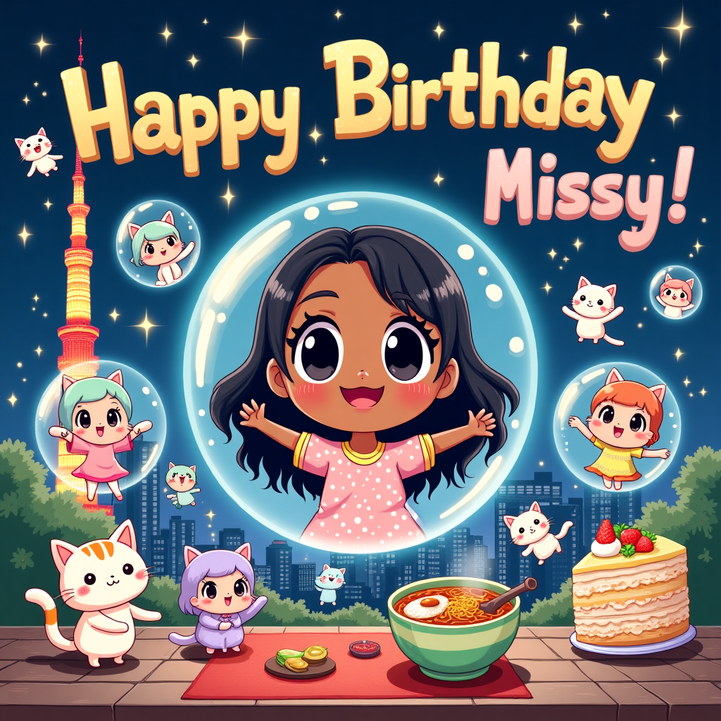 Front Cover Description:

The vibrant scene is set against a dazzling Tokyo nightscape, illuminated by the neon lights and the iconic Tokyo Tower in the background. The sky is deep navy, speckled with stars and emblazoned with the words "Happy Birthday Missy" in shimmering gold, cartoonish letters that appear to be twinkling with their own light. 

Front and center is a chibi-style, brown-skinned 19-year-old girl named Missy, with exaggeratedly large eyes and an infectious smile. She is floating in an oversized, translucent bubble, her hair cascading around her like a halo. Around her are her four chibi-style black lady friends, each in their own bubble, wearing playful, colorful outfits with elements like polka dots, stripes, and stars, reflecting a manga-influenced, animated style. Their exaggerated features and lively expressions create a sense of dynamic motion.

Scattered throughout the scene are whimsical cartoon cats and kittens, some with quirky expressions, playfully tumbling among the bubbles. Their fur is a mix of pastel colors—mint green, lavender, peach, and sky blue—adding to the colorful chaos. 

On one side of the scene, a small group of chibi cats are gathered around a stack of Mochi Ice Cream, the pastel-colored mochi balls gleaming under the city lights. Near them, another group of cats is depicted savoring slices of strawberry cheesecake, the bright red strawberries and thick cream illustrated in lush detail.

A nearby table hosts a steaming bowl of real Japanese Ramen, drawn with squiggly noodles, vibrant green scallions, and cartoonishly large boiled eggs. The ramen seems to be waving its little broth hands, inviting anyone who gazes at the card to take a bite.

In the foreground, TOMORROW X TOGETHER, drawn as chibi versions of themselves, perform on a small stage with animated, joyous expressions. The band members are decked out in colorful outfits, playing tiny instruments in a style reminiscent of classic manga, their faces and poses exaggerated for comedic effect.

Somewhere in the composition, perhaps adorning the side of a bubble or as graffiti on a nearby building, the name "Victoria Antoine" is inscribed in stylized, bold letters, seamlessly integrated into the lively tableau.

The entire scene is a burst of color and excitement, each element rendered with cartoonish detail and playfulness, inspired by the works of Charles Schulz and Osamu Tezuka, yet brimming with its unique, contemporary charm.
Generated with these themes: Chibi brown skin 19 year old girl floating in bubbles in tokyo japan with her four 19 year old black lady friends, Cats and kittens , Mochi Ice Cream , Strawberry Cheesecake , Real Japanese Ramen , TOMORROW X TOGETHER K-Pop Band singing on stage , and Happy Birthday Missy written in the sky at night.
Made with ❤️ by AI.