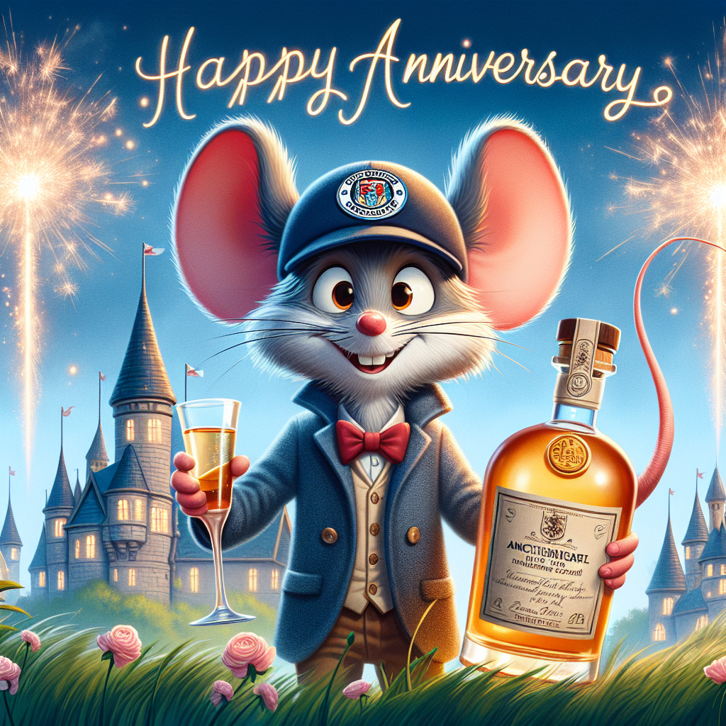 In this celebratory anniversary image, a whimsical anthropomorphic mouse character, with round ears and a cheerful, recognisable face, wears a hat of an admired northeastern English football club and holds a bottle of upscale distilled spirit. Behind him, sparklers burst in the sky above a whimsical, fairytale-like chateau, symbolising the festive spirit of the couple's significant moment, uniting the enchantment of whimsical stories, the passion of football, and the elegance of fine spirits into a joyous commemoration.
Generated with these themes: Newcastle football club, Whiskey, and Disneyland.
Made with ❤️ by AI.