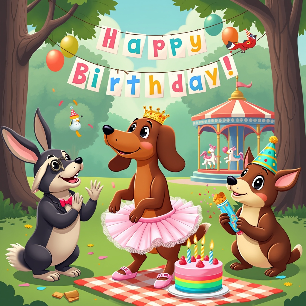 In a whimsically illustrated park, a sausage dog named Darla is the star of a very unexpected birthday bash. Darla, with her sleek, elongated body, is dressed in an adorably frilly pink tutu that matches her tiny ballet slippers. She's standing on her hind legs, mid-pirouette, with a golden tiara perched jauntily on her head, one of the jewels slightly askew. Around her, a diverse crowd of anthropomorphic animals is gathered, all cheering her on. 

To the left, a distinguished rabbit in a monocle and a bow tie claps enthusiastically, holding a slice of birthday cake with a tiny candle in his paw. The cake itself is vibrant with layers of rainbow colors, and it sits on a checkered picnic blanket that is dotted with various treats like cupcakes and sandwiches. A chubby raccoon wearing a party hat with streamers attached is about to launch a confetti popper, while a parrot perched on a nearby tree branch squawks out what seems to be the “Happy Birthday” tune.

Behind Darla, a banner strung between two trees reads "Happy Birthday!" in bright, playful letters, with balloons of every color imaginable tied to the tree branches swaying gently in the breeze. The trees themselves are tall and lush, with leaves that seem to shimmer in the sunlight, and a fountain nearby has a trio of ducks in party hats bobbing in the water. In the background, there is a whimsical carousel with horses and other fantastical creatures like unicorns and dragons, giving the scene an even more magical touch.

Every element of this scene bursts with vibrant colors and intricate details, from the delicate lace of Darla's tutu to the tiny, beady eyes of the cheering animal friends. The artist should ensure every character and item is depicted with a playful, cartoonish style to capture the enchanting and joyous essence of this unique birthday celebration.
Generated with these themes: Ballerina sausage dog   .
Made with ❤️ by AI.