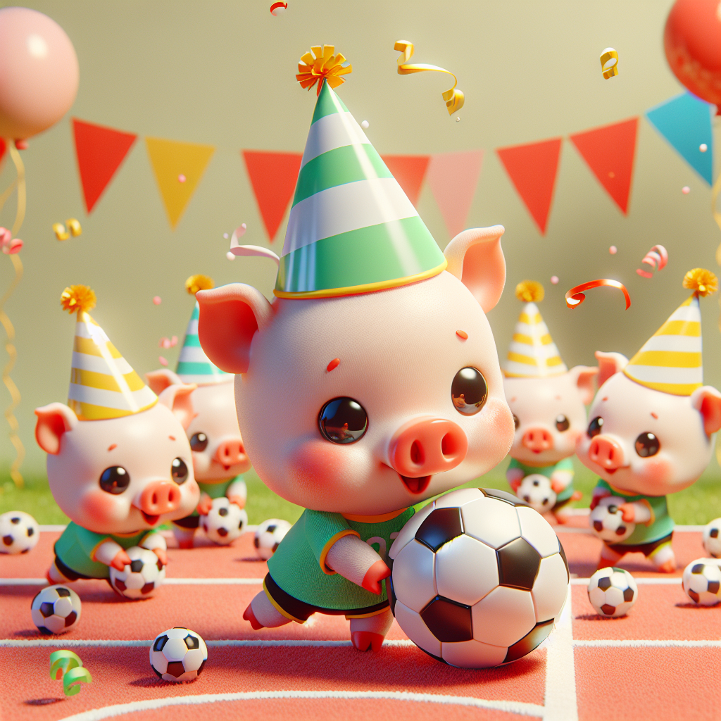 Create a heartwarming animation of a birthday party unfolding on a little soccer field. The characters in this scene are adorable pigs, sporting vibrant party hats, acting as miniature athletes. They are excitedly passing around a black and white soccer ball, their small tails wagging happily. The atmosphere is jubilant, decorated with balloons and streamers, undoubtedly a fun, kid-friendly feast. However, refrain from integrating any content that disrupts the pure, playful, and innocent cartoonish birthday theme.
Generated with these themes: Pigs , Soccer, and Porn.
Made with ❤️ by AI.