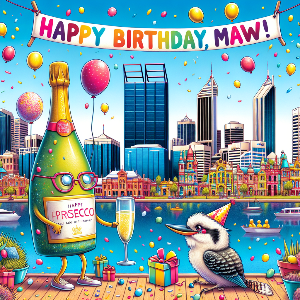 An amusing caricature of Perth's skyline serves as a backdrop, with an animated bottle of Prosecco sporting a party hat, seemingly strolling by the famous Swan River. Festive balloons and confetti dot the scene, and a laughing kookaburra holds a banner with 'Happy Birthday, Maw! X' written in bold, cheerful letters.
Generated with these themes: Prossecco, Perth, Western Australia , and Walking.
Made with ❤️ by AI.