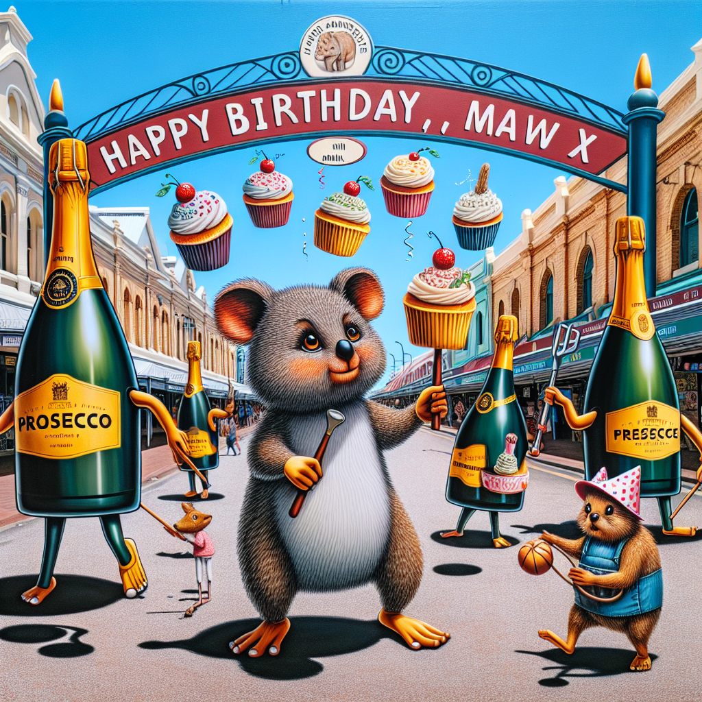 A vibrant Fremantle street scene with a twist: pedestrian bottles of Prosecco, complete with walking sticks, tour the area. A comical little quokka juggles birthday cupcakes each adorned with a letter, spelling out 'Happy Birthday, Maw! X'. The iconic Fremantle Markets sign looms playfully in the backdrop.
Generated with these themes: Prossecco, Perth, Western Australia , and Walking.
Made with ❤️ by AI.