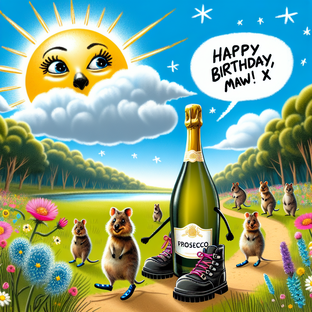A Prosecco bottle wearing hiking boots walks along a nature trail in Kings Park, surrounded by blooming wildflowers and cartoon quokkas ready to celebrate. In the sky above, a cloud is whimsically shaped like Perth's Bell Tower, and a bright sun smiles down with the message, 'Happy Birthday, Maw! X' written inside its rays.
Generated with these themes: Prossecco, Perth, Western Australia , and Walking.
Made with ❤️ by AI.