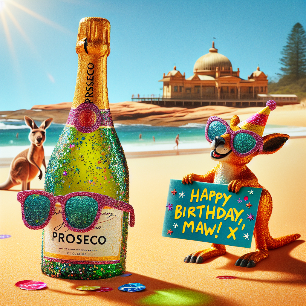 On the golden sands of Cottesloe Beach, a smiling Prosecco bottle in sunnies takes a leisurely walk, leaving a trail of birthday confetti. A kangaroo in a party hat hops alongside, holding up a sign that says 'Happy Birthday, Maw! X'. The iconic Indiana Tea House is faintly sketched in the background.
Generated with these themes: Prossecco, Perth, Western Australia , and Walking.
Made with ❤️ by AI.