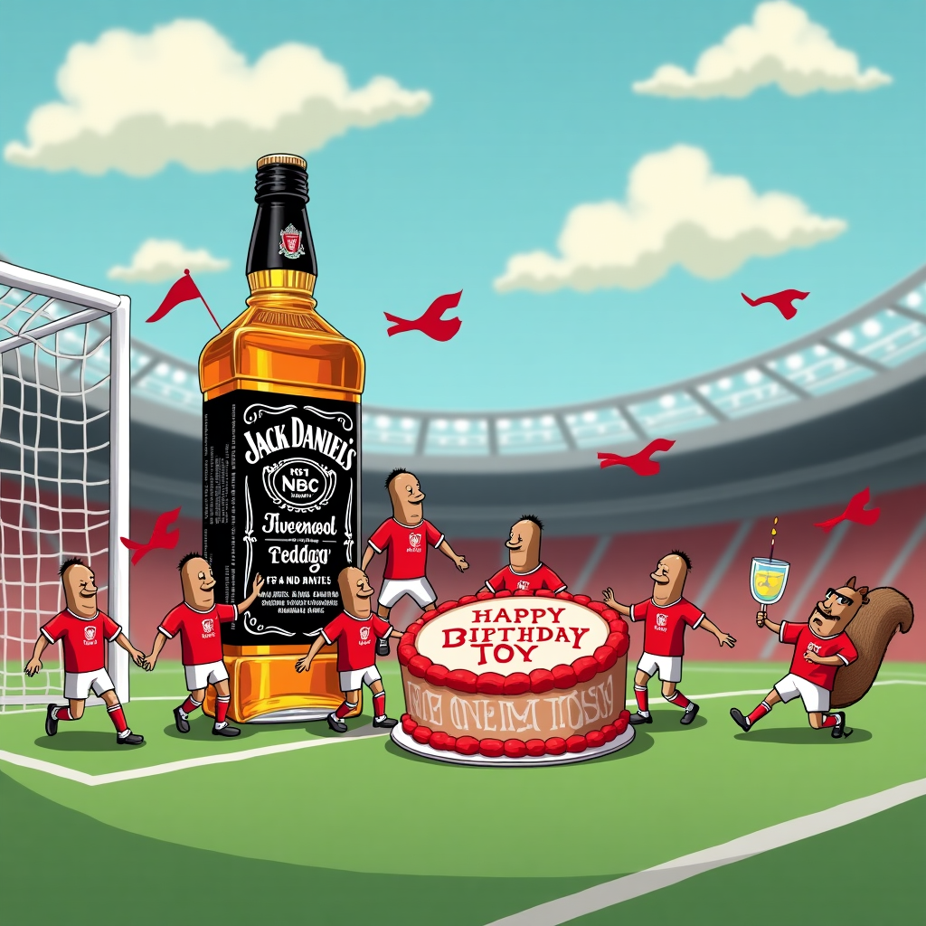 In this whimsical and hilarious scene set on a sunny football pitch, an oversized bottle of Jack Daniels stands proudly as the makeshift goalpost at one end of the field. The iconic Liverpool FC crest is humorously emblazoned on the bottle's label, suggesting a peculiar partnership between the whiskey brand and the football club. Around the bottle, you’ll see tiny Liverpool FC flags waving spiritedly. A group of cartoonish, anthropomorphic bottles of Jack Daniels, wearing miniature Liverpool jerseys, are kicking around a football that is, in fact, a round cake. This cake is beautifully iced with red frosting, and the words “Happy Birthday, Toby!” are emblazoned across it in bold, white letters, with the frosting resembling the shape of Anfield stadium. In the sky above, fluffy clouds have naturally formed into the shape of Toby’s name, adding an ethereal touch to the scene. To the right, a squirrel in a Liverpool scarf can be seen sipping a tiny glass of Jack Daniels, adding to the card's comedic and unique nature. This playful tableau is bursting with energy and mischievous humor, capturing the spirit of a truly unforgettable birthday celebration.
Generated with these themes: Liverpool Football Club , and Jack Daniels.
Made with ❤️ by AI.