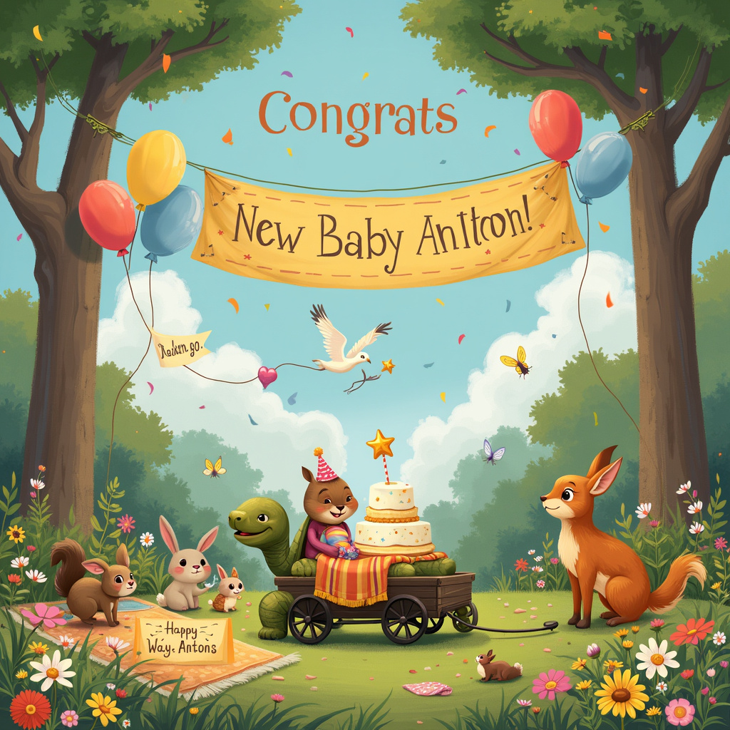 Picture a lively park on a sunny day, bursting with vibrant colors and activity. In the center of the scene is a whimsical tortoise, wearing a tiny party hat, and slowly but determinedly pulling a small wooden wagon. In the wagon, nestled in soft blankets, is New Baby Anton, who is giggling and waving a rattle shaped like a star. Surrounding them, the lush green grass is dotted with cheerful wildflowers, and colorful balloons are tied to the wagon, gently swaying in the breeze.

To the left, there is a giant banner strung between two tall, leafy trees. The banner reads "Congratulations, The Antons!" in bold, cheerful letters, with confetti and sparkles drawn around the text. Above the banner, fluffy clouds in the sky spell out "Congrats" as if written by a skywriter. Nearby, a family of rabbits is hopping around a picnic blanket, with one rabbit holding a small flag that says "Way to go!"

On the right side of the scene, a small group of woodland animals, including a fox, a deer, and a squirrel, are gathered around a large, festive cake shaped like a tortoise shell. The cake is beautifully decorated with intricate icing patterns and topped with a tiny replica of the tortoise and Baby Anton. The cake has the words "The Antons" elegantly written in icing.

In the background, a kite shaped like a stork carrying a bundle is flying high, with its string being held by a joyful child. The entire scene is framed by a border of blooming flowers, with butterflies and bees buzzing around, adding a touch of magic to the celebration.
Generated with these themes: Tortoise, and New Baby Anton.
Made with ❤️ by AI.