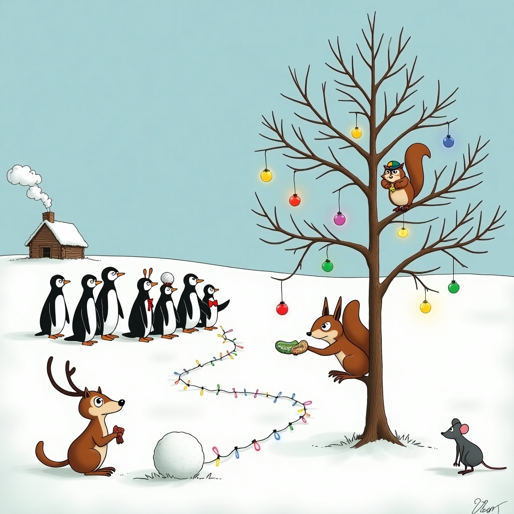 The scene opens on a serene, snow-blanketed landscape. At the center, a minimalist Christmas tree stands proud, crafted from a single, tall pine with sparse branches. Each branch features a single oversized ornament dangling at its tip, resembling the surreal exaggerations of Gary Larson’s humor. Beneath the tree, the snow is peppered with quirky, cartoon-style animal footprints leading to a gathering of woodland creatures, each with their own unique twist. A squirrel wearing an aviator hat is presenting a peanut to a skeptical owl perched on a nearby branch, reminiscent of Charles Schulz's simple yet expressive style. To the left, a group of animated penguins, in a nod to Walt Disney’s playful characters, have formed a choir, complete with tiny red bow ties, and are "singing" holiday tunes with exaggerated expressions, despite not making a sound. In the foreground, an Astro Boy-inspired robotic reindeer stands curiously inspecting a pair of Christmas lights, its antlers intertwined with glowing bulbs. The scene is capped off by a tiny mouse, drawn with the intricate detail of Winsor McCay, peeking out from behind a snowball, observing the holiday merriment with wide eyes. In the background, the outline of a log cabin can be seen, its chimney gently puffing cartoonishly swirly smoke into the crisp winter air.
Generated with these themes: minimalistic  christmas tree.
Made with ❤️ by AI.