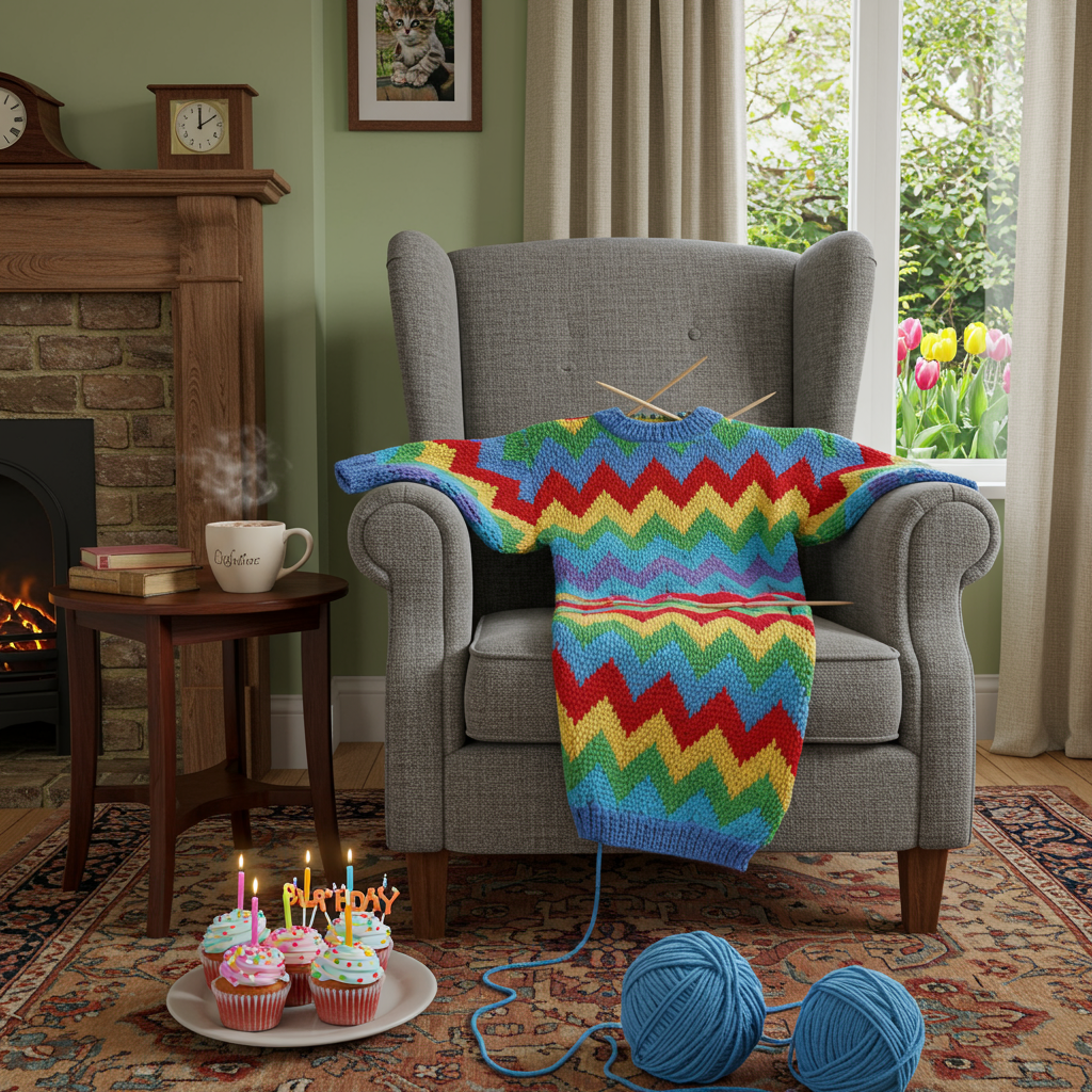 Front and center, a cozy living room is portrayed with a richly textured, oversized armchair in a soft heather gray. Draped casually over one arm of the chair is a half-finished, multicolored birthday sweater. The sweater is vibrant, with zig-zag stripes in a rainbow palette: cherry red, sunny yellow, ocean blue, grassy green, and punchy purple. The knitting needles, gleaming silver and sleek, are propped up in a skein of yarn, hinting at the progress yet to be made.

The chair rests on a thick, warm-toned Persian rug, its intricate patterns echoing the vibrant hues of the sweater. On a side table to the left of the chair, a ceramic mug brimming with steamy hot chocolate sits beside a plate of sprinkled cupcakes, each with a tiny candle stuck in it. These cupcakes are miniaturized and playfully detailed with pink frosting swirled to perfection, each having a unique color of sprinkles.

In the background, a mantelpiece displays a clock with hands pointing to noon, its wood finish matching the deep mahogany of the side table. A large window, draped with cream curtains tied back with colorful yarn tassels, reveals a lush garden scene outside. Tulips in full bloom – ruby red, golden yellow, and pure white – dot the greenery.

Above the mantel, a framed photograph of a kitten wearing an oversized knitted hat playfully hangs, bringing humor to the scene. The walls are a soft sage green, subtly complementing the room’s warm and inviting color scheme. Lastly, a ball of yarn, the same vibrant blue from the sweater, playfully unravels across the floor, guiding the eye throughout the room.
Generated with these themes: knitting .
Made with ❤️ by AI.