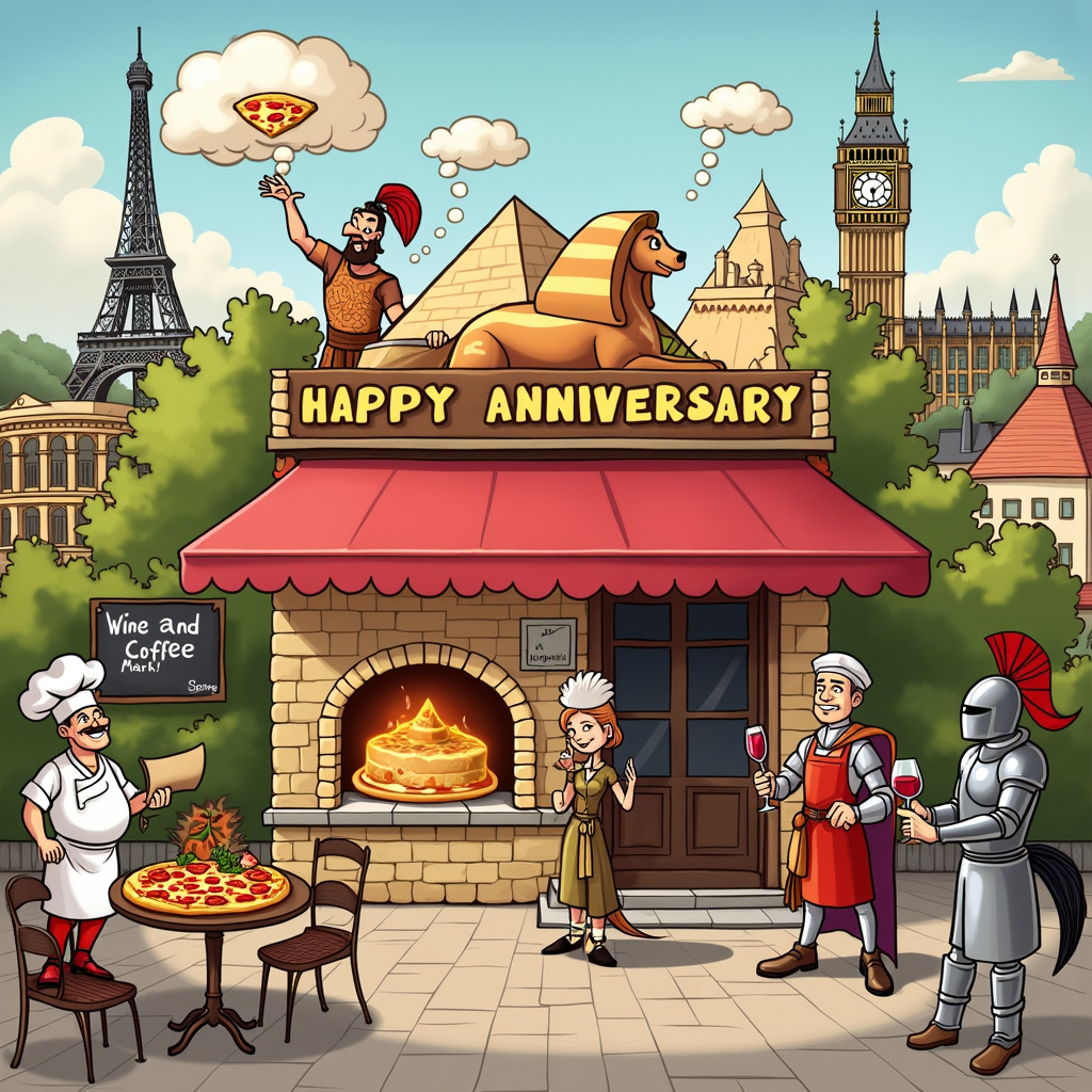 In this whimsical cartoon scene, the center of attention is a small outdoor café that looks like it has been plucked from a quaint European village, but with a twist. The café itself has a history theme, with caricatures of historical figures such as Julius Caesar, Cleopatra, and Leonardo da Vinci as customers enjoying the outdoor seating. Each figure is humorously integrated into the scene: Caesar is holding a slice of pizza like a scroll, Cleopatra is delicately sipping a glass of red wine, and da Vinci is sketching a design on a napkin with a coffee cup beside him.

To the left of the café, there is a large, stone-brick oven where a cartoonish Italian chef, complete with a twirled mustache and chef’s hat, is tossing a pizza dough high into the air. Emerging from the oven, in a cloud of delicious-smelling smoke, are pizzas in the shape of ancient artifacts—a pizza sphinx, a pizza Colosseum, and a pizza pyramid.

In the background, behind the café, there is a historical skyline featuring an eclectic mix of iconic landmarks: the Eiffel Tower, the Colosseum, the Pyramids of Giza, and Big Ben, all slightly exaggerated in their cartoonish form. Above this skyline, in the sky, fluffy clouds spell out "Happy Anniversary Mark!" as if written by an invisible skywriter.

To the right of the café, there is a small wine and coffee bar with a chalkboard sign that reads "Wine and Coffee Specials: Drink Like a Pharaoh, Sip Like a Renaissance Man." Behind the counter, a jovial barista is pouring a frothy cappuccino while a sommelier offers a glass of wine to a medieval knight who is humorously trying to sip it through his helmet's visor.

Scattered around the scene, there are smaller, delightful details: a Roman gladiator sharing a pizza slice with a Victorian lady, a knight's horse munching on a pizza box, and a modern-day couple toasting with wine glasses that have heart-shaped bubbles floating up. The entire scene is framed with vines of grape leaves and coffee beans intertwined, adding an extra layer of charm and cohesiveness to the overall composition.

This detailed and imaginative scene merges the themes of pizza, history, wine, and coffee seamlessly into a lively anniversary greeting that’s sure to bring a smile to Mark’s face.
Generated with these themes: Pizza, History, Wine, and Coffee .
Made with ❤️ by AI.