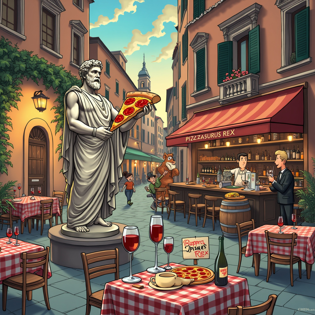 The scene is set in a quirky, bustling Italian piazza, filled with a delightful mix of historical charm and modern whimsy. In the foreground, a cartoonish statue of Julius Caesar is holding a giant slice of pepperoni pizza instead of a scroll. Caesar's other hand raises a wine glass, filled to the brim with rich, red wine. Beside him, Cleopatra, dressed in her royal attire, is holding a giant coffee cup labeled "Roman Roast."

Nearby, there's a charming little café with an awning. The café has tables set up outside, each adorned with red checkered tablecloths and flickering candles in wine bottles. At one of the tables, a caricature of Leonardo da Vinci, complete with a flowing beard and painter’s palette, is sketching a pizza on an easel, his coffee cup steaming beside him. A waiter, dressed in a classic black and white outfit, is serving him a carafe of wine labeled "Vino della Storia."

In the background, you can see an old brick wall with ivy creeping up it, and an arched window from which a couple is seen raising their wine glasses in a toast. Above the scene, the sky is a gradient of twilight colors, with "Happy Anniversary, Mark!" written in fluffy white clouds.

In the corner, Calvin and Hobbes-esque characters are playfully fighting over a giant pizza slice, while Tintin and Snowy are seated at another table, sharing a comically large cappuccino.

The piazza floor is a mix of cobblestones and mosaic tiles, with small vines and flowers poking through the cracks, adding a touch of nature. Scattered around are small historical artifacts like a mini Colosseum model, and vintage wine barrels, each doubling as a table for smaller gatherings.

A Far Side-inspired quirky touch: a T-Rex wearing a chef’s hat and apron is tossing a pizza dough in the air behind a counter labeled "Pizzasaurus Rex."

The scene is a delightful, chaotic celebration of history, food, and drink, all tied together with the joyful proclamation to "Mark" in the sky.
Generated with these themes: Pizza, History, Wine, and Coffee .
Made with ❤️ by AI.