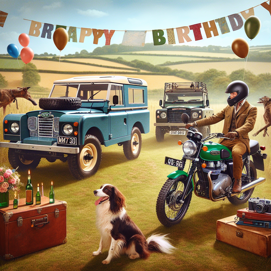 Bring to life a festive birthday scene set in a lively field. At the heart of it is a classic Land Rover Series 3 painted in a dignified blue, expressing the allure of vintage sophistication. A few meters away is a rugged green Triumph Scrambler 1200, announcing an imminent countryside adventure, with its rider dressed in matching attire in anticipation. In stark contrast yet equally eye-catching is a sleek red Mazda MX5 V9 GTM, poised for a picturesque drive through the scenic terrain. Completing the cheerful tableau are two energetic Sprocker dogs, their brown and white coats dancing in the open air, just as involved in the fun as their human companions.
Generated with these themes: Series 3 landrover blue in a field, Triumph scrambler 1200 motorbike green and rider, Red mx5 mazda V9 GTM, and 2 sprocker dogs brown and white.
Made with ❤️ by AI.