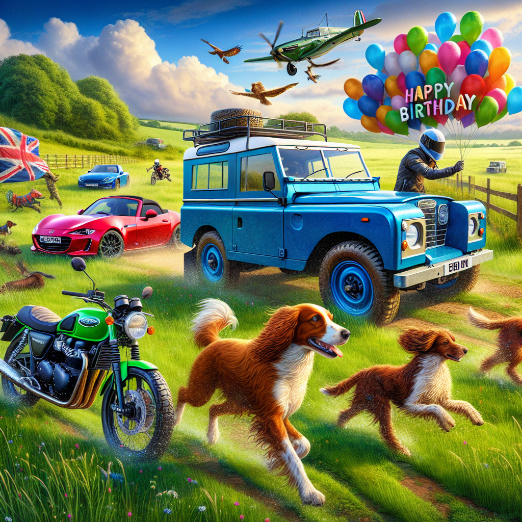 Imagine a vibrant and lifelike birthday-themed image combining the thrill of adventure with fun. In the midst of a tranquil green field, a stunning blue Series 3 Land Rover forms the focal point. Not far away, a rider clothed in motorcycle gear astride a striking green Triumph Scrambler 1200 motorbike radiates excitement and liberty. Sparkling under the warm sunlight, you can also see a red Mazda MX5 V9 GTM, adding to the exhilarating atmosphere. Adding a dash of life and energy to the scene are two playful, brown and white furred Sprocker dogs, romping freely through the grass.
Generated with these themes: Series 3 landrover blue in a field, Triumph scrambler 1200 motorbike green and rider, Red mx5 mazda V9 GTM, and 2 sprocker dogs brown and white.
Made with ❤️ by AI.