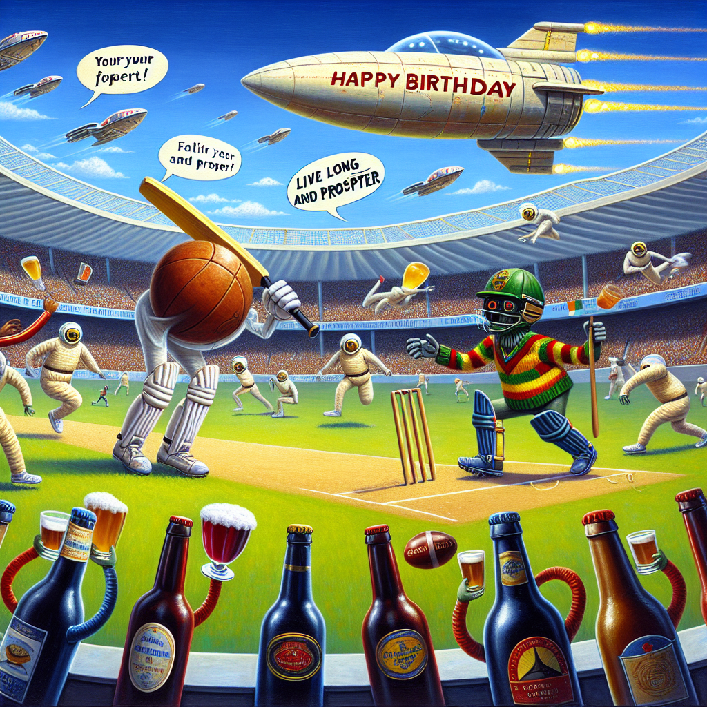 A humorous image combining elements of sports and sci-fi. Centered on a football and a cricket bat, both anthropomorphized and adorned with whimsical jackets, engaging in a lively match on a colorful field. Enthusiastic supporters encircle the ground, each depicted as animated bottles of beer and wine. Following the game intently, they display speech bubbles with cheery birthday greetings. High above the spectacle, a generic futuristic spaceship whizzes by, trailing a fluttering streamer that carries a celebratory message 'Live long and prosper'. A perfect birthday greeting for someone who loves a blend of sports, humour, and sci-fi.
Generated with these themes: Football, Cricket, Jackets, Beer, Wine, and Star Trek.
Made with ❤️ by AI.