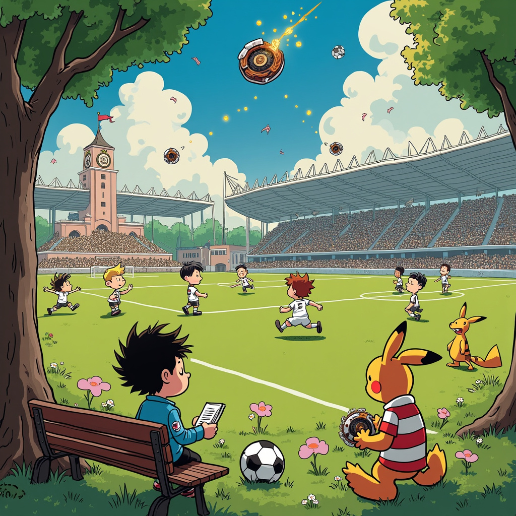 In the center of the card, a vibrant soccer field stretches out, with lush, green grass detailed with whimsical flowers popping up here and there, reminiscent of Winsor McCay's dreamlike quality. On one side of the field, the Real Madrid team, dressed in their iconic white kits, are in the midst of an epic match against Manchester City, who are decked out in their sky-blue uniforms. The players have exaggerated, cartoonish expressions of determination, inspired by Bill Watterson's energetic style from "Calvin and Hobbes."

Above the field, a Beyblade stadium hovers, with dynamic spinning tops battling it out, emitting sparks and flashes, capturing the kinetic energy often seen in Osamu Tezuka's works. Surrounding the Beyblade stadium, you see Pokemon characters like Pikachu, Charizard, and Jigglypuff, watching the match intently, as though they are the audience. Pikachu is wearing a miniature Real Madrid jersey, while Charizard sports a Manchester City scarf.

To the left of the field, there’s a Nutella jar the size of a skyscraper, its lid open, with soccer balls seemingly emerging from within, as though Nutella has become a magical source of soccer energy. A manga-inspired character, with spiky hair and large expressive eyes (think Astro Boy), is dipping a soccer ball into the Nutella and taking a bite out of it, clearly enjoying the delicious, sporty treat.

In the foreground, a bench akin to the ones in Charles Schulz's "Peanuts" comics is situated, where a couple of characters from different inspirations sit together. Calvin and Hobbes are seen chatting animatedly with a Tintin character holding a soccer ball. 

In the sky above, there are speech bubbles filled with quirky commentary from The Far Side’s Gary Larson-style humor, adding a layer of playful absurdity to the scene. 

Finally, blending Hergé’s clean lines and Art Spiegelman's detailed storytelling, the background features a mix of manga-style cityscape and a dream-like checkerboard pattern of soccer goals, completing the surreal narrative.

This captivating scene, bursting with vibrant characters and dynamic action, will surely catch the eye and bring a smile to any birthday celebration.
Generated with these themes: Real madrid, Manchester city, Soccer, Beyblade, Pokemon, Nutella, and Manga.
Made with ❤️ by AI.