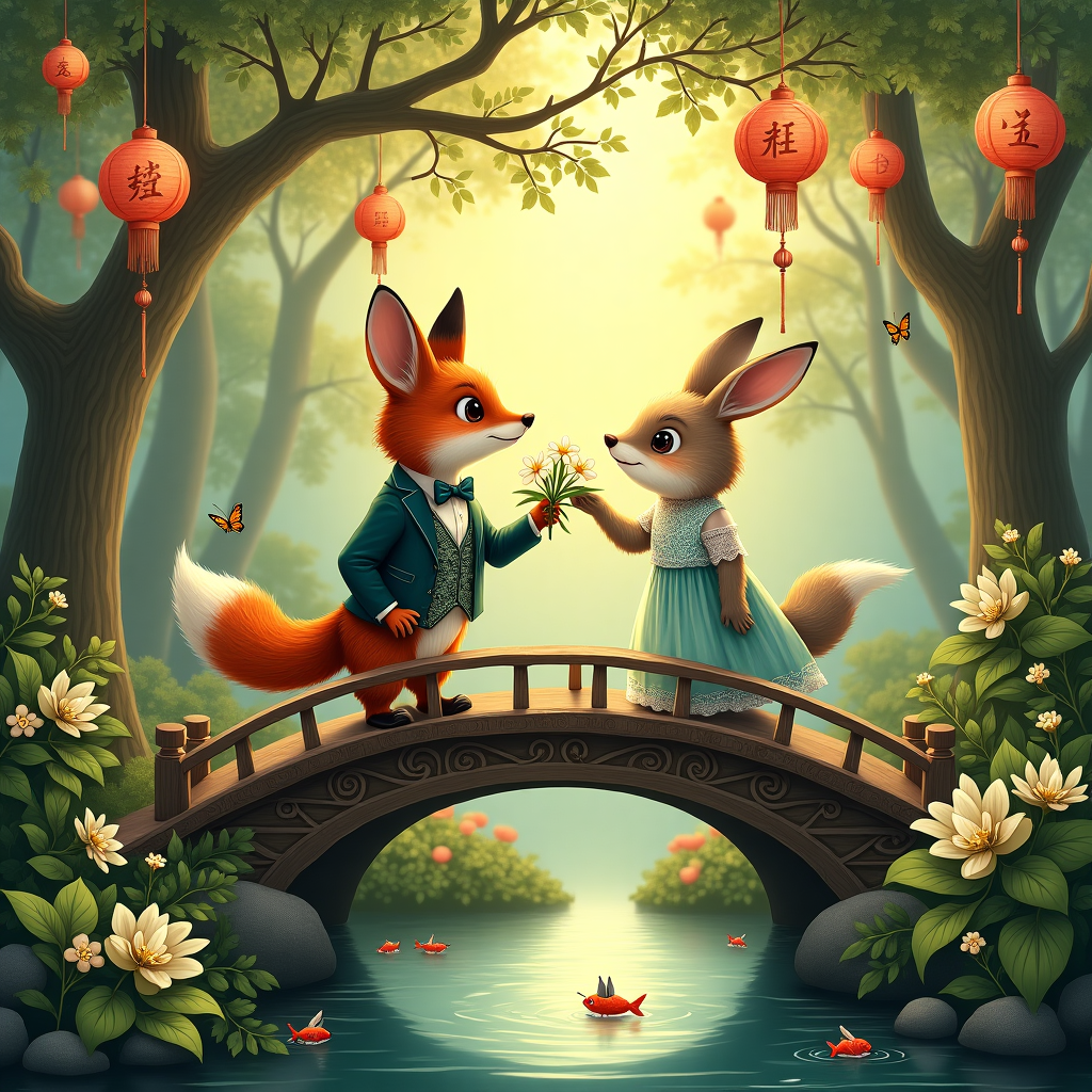 The scene is set in a picturesque, old-world garden, reminiscent of a Maxfield Parrish dreamscape, rich with vibrant hues of emerald greens and soft lavenders. In the foreground, there is a gently curved wooden bridge, elegantly arching over a small koi pond. The bridge is intricately carved with delicate patterns of swirling vines, much like something out of an Aubrey Beardsley illustration, but with a more whimsical touch akin to Arthur Rackham’s style.

On the bridge stands a pair of anthropomorphic animals: a fox and a rabbit, each dressed in Victorian-era attire, capturing the whimsy of Beatrix Potter's creations. The fox, a dapper gentleman, wears a finely detailed waistcoat with a paisley pattern, a crisp white shirt, and a bow tie. He is offering a bouquet of jasmine flowers to the rabbit, who is adorned in a lace-trimmed dress, reminiscent of Norman Rockwell's charmingly nostalgic subjects.

The jasmine flowers are illustrated with meticulous detail, each petal and leaf is rendered in soft white and vibrant green, adding a touch of realism to the fantastical scene. The rabbit, with large, expressive eyes, is reaching out to accept the bouquet, her delicate fingers brushing against the flowers.

In the background, the garden is alive with lush foliage and towering trees whose branches form a natural canopy, filtering sunlight into golden beams that dance across the scene. This light casts intricate shadows, creating a dramatic interplay of light and dark reminiscent of Gustave Doré’s engravings.

Floating gently in the air are paper lanterns, each lantern adorned with intricate Chinese characters and patterns, adding a touch of cultural richness. These lanterns glow softly in hues of amber and coral, providing a warm contrast against the cool greens of the garden.

Scattered throughout the scene are tiny details: a butterfly perched on a nearby flower, a ladybug crawling along a leaf, and the ripples in the pond caused by a playful fish beneath the surface. This detailed layering of elements captures the meticulous storytelling style of Maurice Sendak and N.C. Wyeth.

The overall composition is framed by a border of curling jasmine vines, adding a touch of elegance and connecting the elements into a cohesive narrative tableau that encapsulates the themes of fortunate encounters and wishes for enduring companionship.
Generated with these themes: “荷”其有幸，与君相遇 送君茉莉，愿君莫离.
Made with ❤️ by AI.