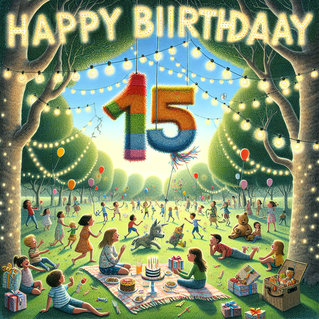 A delightful illustration depicting a vibrant park filled with kids playing and a large '15' piñata hanging from a tree. In the foreground, a picnic blanket is laid out with a birthday cake and presents, while overhead, the phrase 'Happy Birthday' is spelled out with string lights.
Generated with these themes: 15th kids  .
Made with ❤️ by AI.