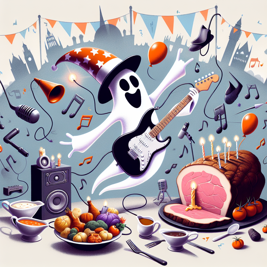 Imagine a whimsical birthday illustration marrying a lively party ambience and rock music culture. In the spotlight, a delightful phantom wearing a festive hat energetically plays an electric guitar, surrounded by assorted elements of a traditional roast dinner. Plump roast beef, roasted vegetables, and gravy boats, cleverly repurposed as sound amplifiers, dot the scene. Birthday balloons and streamers fill the upper space, gently swaying. Notably, silhouettes of renowned global monuments are subtly incorporated in the backdrop, implying a fervor for voyages, effectively binding the entire visual narrative with a sense of adventure and exploration.
Generated with these themes: Rock music, Roast dinners, Ghosts, and Travel.
Made with ❤️ by AI.