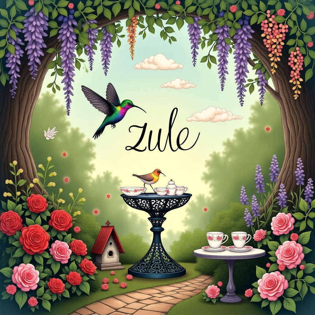 In the midst of a whimsical, lush garden, a vivid tableau unfolds, reminiscent of a fusion between Beardsley's intricate detail and Rackham's enchanting whimsy. Here, a romantic hummingbird with iridescent plumage, shimmering in hues of emerald and sapphire, flutters gracefully amidst a cascade of blossoms. The flowers are an explosion of color, ranging from deep crimson roses to delicate lavender wisteria, each petal rendered with the kind of precision and elegance that would make Parrish proud. The centerpiece of this enchanting garden scene is a beautifully ornate wrought-iron birdbath, overgrown with tendrils of ivy and framed by the gentle arch of an old, gnarled oak. Hovering just above the birdbath, the hummingbird dips its slender beak into the water, sending tiny ripples outward.

In the sky above, a series of fluffy clouds drift lazily, their soft forms subtly spelling out "Zule" as if painted by the breath of a gentle breeze, an homage to Gorey's playful use of unexpected elements. Below this celestial banner, a gentle sun casts dappled shadows, enhancing the verdant canopy of leaves that seem almost alive in their vibrancy. Nestled among the flowers, a petite, Victorian-style birdhouse peeks out, its roof adorned with miniature, hand-painted roses that echo the garden's riotous blooms. Nearby, a small, circular garden table stands, on which rests a delicate porcelain tea set, the cups and saucers decorated with intricate floral patterns in the style of a Beatrix Potter illustration.

At the foot of this scene, a quaint path of cobblestones leads the eye through the verdant oasis, hinting at adventures beyond the garden's edge, a nod to the storytelling prowess of Sendak and Wyeth. This enchanting scene, rich in detail and woven with imaginative storytelling, serves as the perfect backdrop to celebrate a birthday filled with beauty and wonder for Zule.
Generated with these themes: Romantic Humming bird with flowers.
Made with ❤️ by AI.