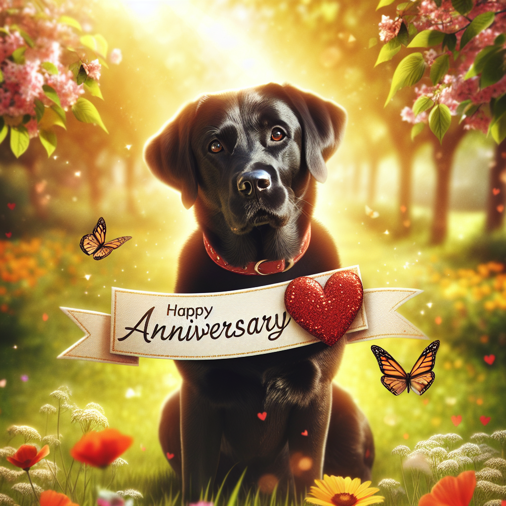 Generate a vibrant and joyful animated image of a charming adult Labrador Retriever that has a glossy black coat and deep brown eyes. The dog sits in the middle of a sunlit park filled with blossoming flowers and hovering butterflies. The Labrador, with its tail wagging and a shining red collar around its neck, proudly carries in its mouth a banner shaped like a heart, marking an anniversary. The endearing message on the banner is amplified by the welcoming and warm atmosphere of the surrounding landscape.
.
Made with ❤️ by AI.