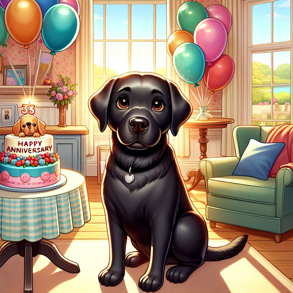 Create a heartwarming cartoon illustration showcasing a quaint living room setting. In the center, an adult Labrador Retriever with a glossy black coat is the focal point, showing a gentle expression with brown eyes full of love. The room is festively decorated with celebratory balloons and colorful streamers. A table features a cake, beautifully adorned with a miniature figurine that resembles the Labrador, alongside an inscription stating 'Happy Anniversary'. Sunlight peeks in through a nearby window, casting a serene, ambient glow over the contented canine, emphasizing the joyous milestone moment.
.
Made with ❤️ by AI.