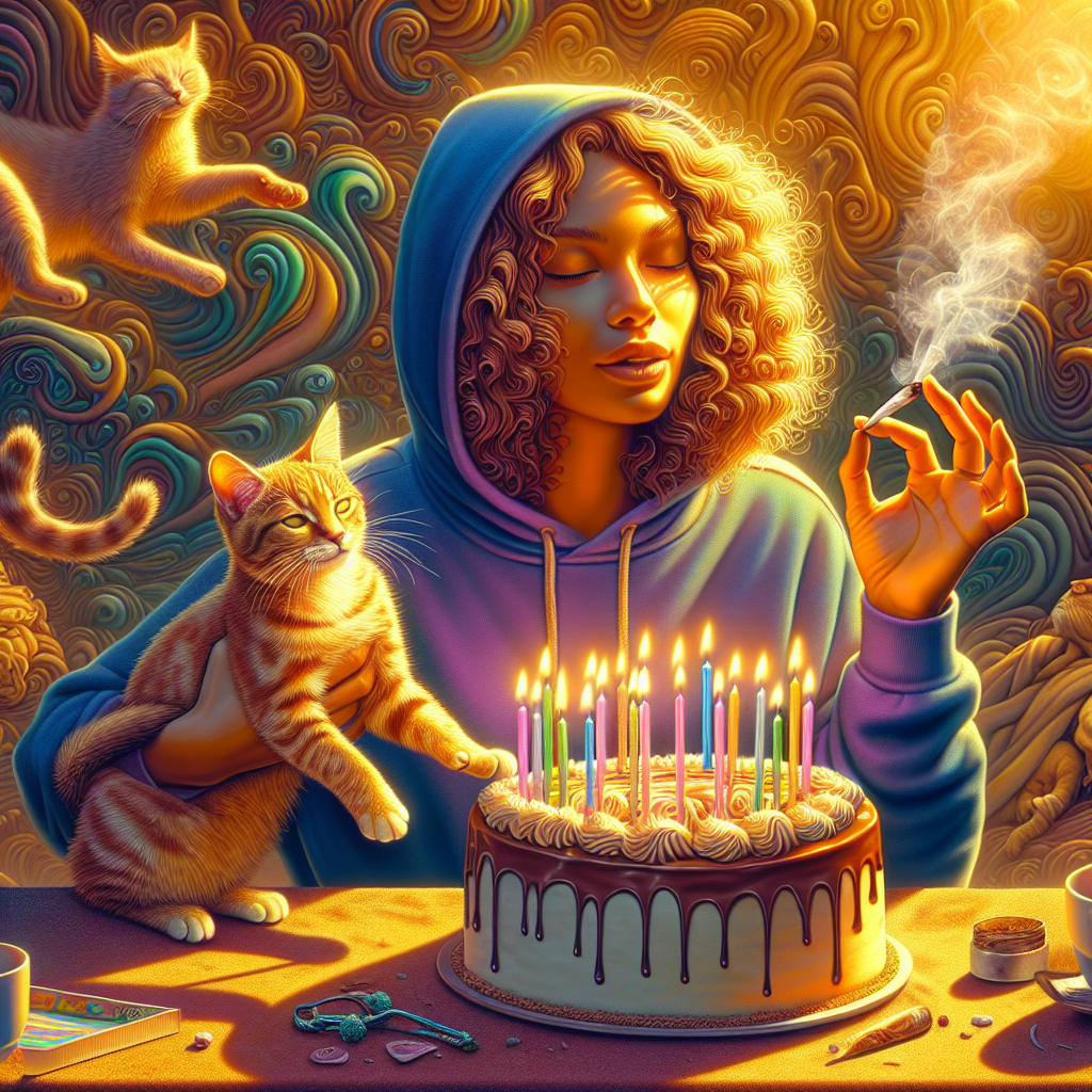 Visualize a scene that illuminates the enchanting quality of abstract art. It features a woman who is of Mixed Descent, her crispy shoulder-length curls seeping slightly under her hoodie. Her skin radiates a golden hue, reminiscent of sunlight. A vibrant tabby kitten circles around her playfully in a scurry of joy. In her hand, she holds a joint. The smoke illustrates her relaxed atmosphere and symbolic embrace of her birthday euphoria. A birthday cake stands before her, emitting an alien charm. Its candles flicker, mirroring tiny explosions of light, buried in the rich, almost liquifying, layers of chocolate. The entire scene is maintained in a light, jovial mood, punctuated with glimmers of sunlight and undercurrents of euphoric laughter. The setting stirs a surreal effect, reflecting an occasion floating in a peaceful aura, bathed in warm sun rays.
Generated with these themes: Mixed race interracial lady really curly shoulder length hair, medium to brown skin tone wearing a hoodie, Tabby cat Kitten, Smoking weed marijuana, Birthday cake celebration, High, Chocolate, Alcohol, and Sunshine.
Made with ❤️ by AI.