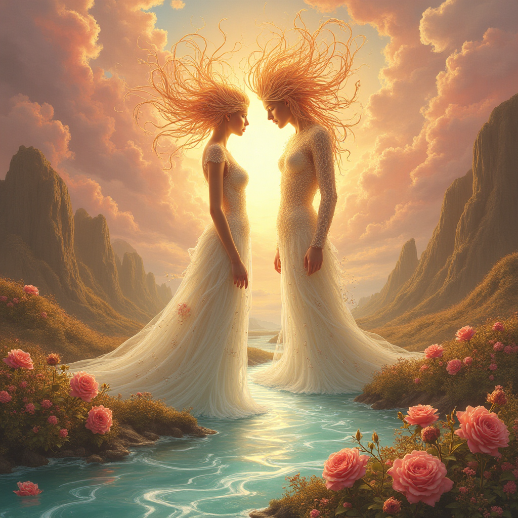 Human woman, stream of consciousness man, Rose and gold colors, and Wedding Card