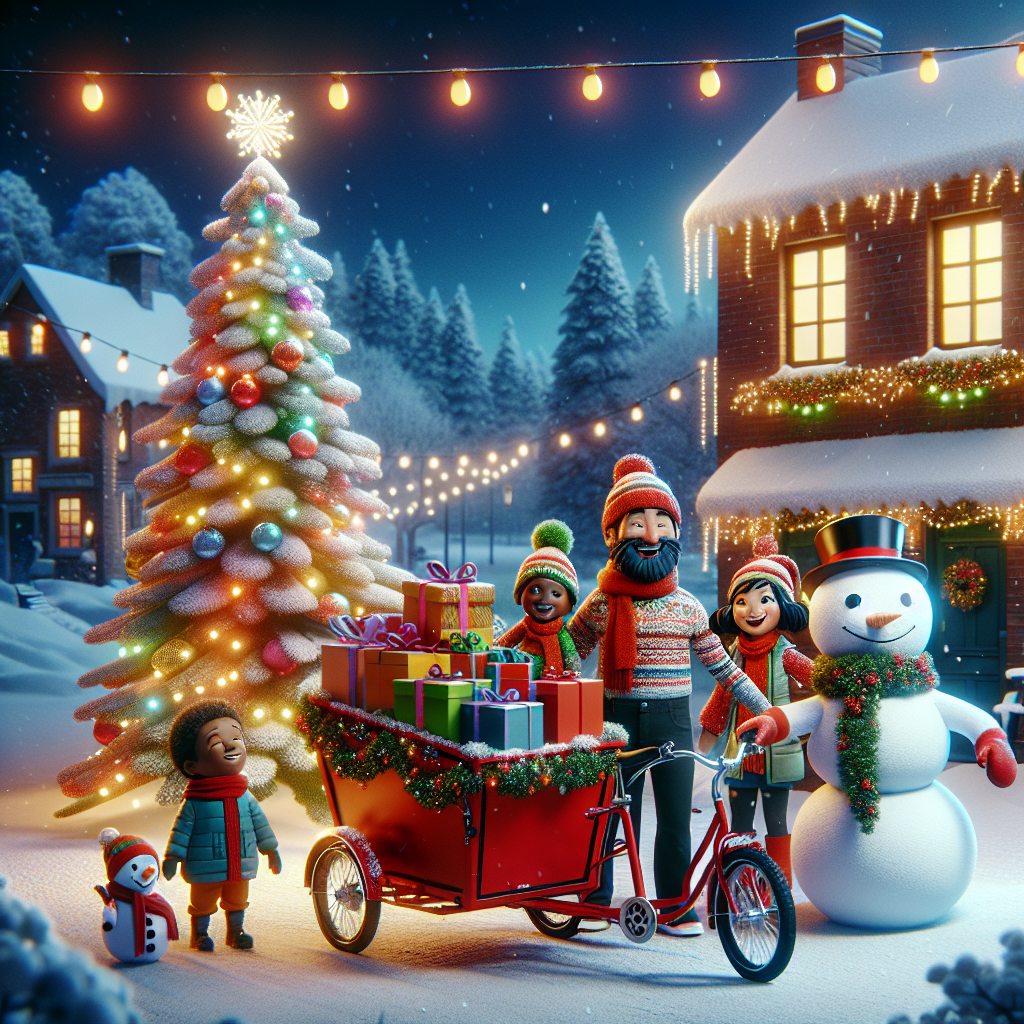 A cozy snow-laden village adorned with festive lights sets the backdrop for the whimsical illustration. In the foreground, a red cargo bike, decorated with garlands and a small Christmas tree, is parked beside a snowman. A joyful family unloads wrapped presents from the bike's large basket.
Generated with these themes: Cargo bikes .
Made with ❤️ by AI.