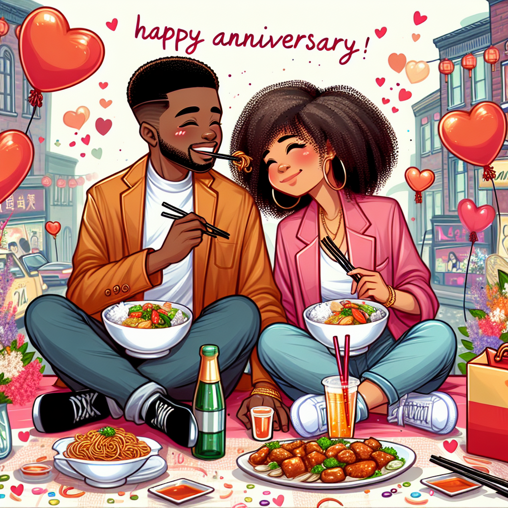 Create an adorable cartoon illustration to commemorate an anniversary, where an African American couple is sharing a tender moment while eating Chinese food. The scene captures the essence of a romantic Korean drama: the characters are wearing trendy outfits amidst a lively setting with love bubbles and a vibrant colour scheme that inspires joy and festivity.
Generated with these themes: Chinese food , Black couple , and K-Drama .
Made with ❤️ by AI.