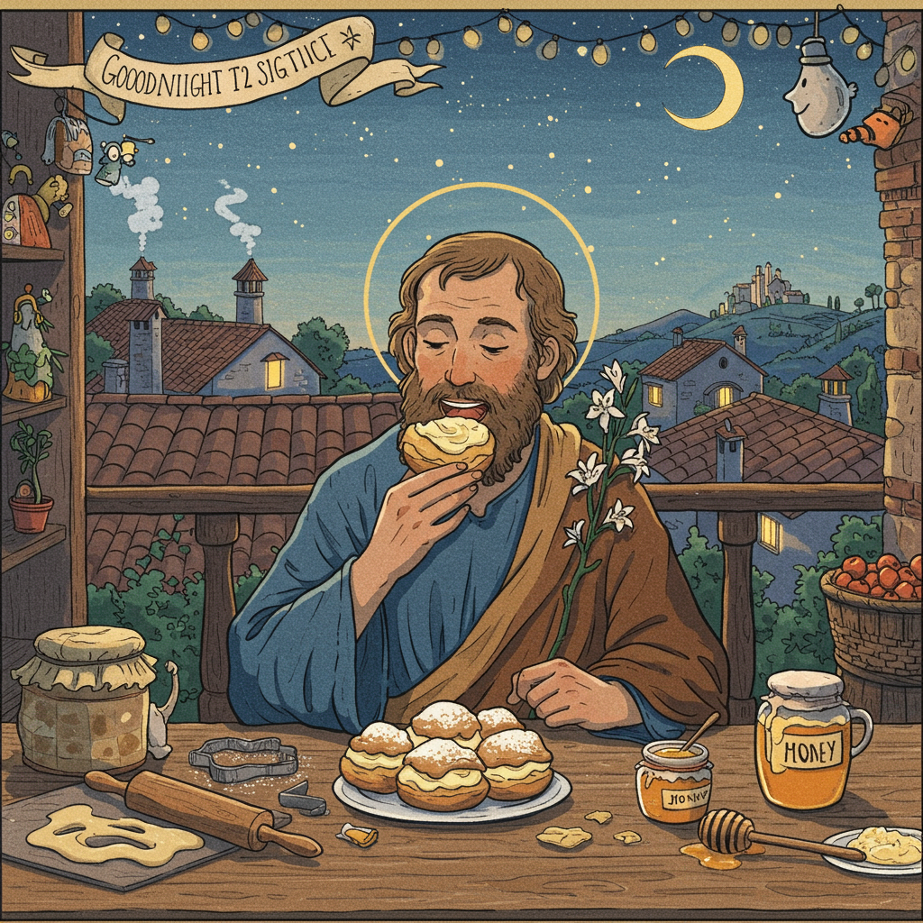 St Joseph eating a zeppole di San giuseppe Farewell Card