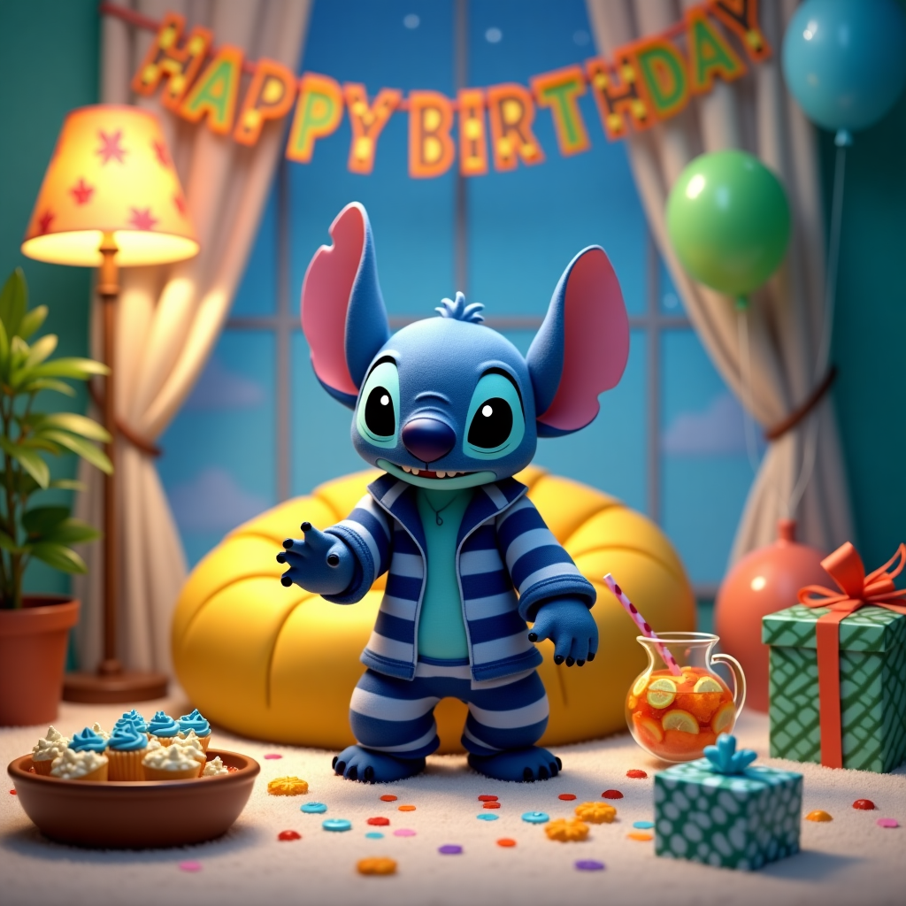 Front Cover Design: Pyjamas Party with Stitch

**Scene Layout:**

At the center of the card is a vividly realistic scene capturing a lively pyjamas party, featuring the iconic character Stitch from Disney's "Lilo & Stitch." The room is filled with dynamic, life-like details to create a sense of realism.

**Main Elements:**

1. **Stitch:**
   - Stitch is the focal point, wearing adorable striped pyjamas in shades of navy blue and white. His fur is a detailed blend of azure blue with lighter highlights, capturing his mischievous charm. He stands atop a fluffy, oversized bean bag in the shape of a pineapple, a nod to his Hawaiian origins.

2. **Setting:**
   - The room is warmly lit with a soft, ambient glow from a floor lamp with a lampshade patterned with Hawaiian flowers.
   - The walls are painted in a soothing teal color, complementing Stitch's fur. Above Stitch, a colorful paper garland spelling "Happy Birthday" is draped, each letter featuring different patterns like polka dots, stripes, and florals.

3. **Decorations:**
   - Brightly colored balloons in various sizes float near the ceiling, in hues of sky blue, lime green, and sunset orange, adding vibrancy to the scene.
   - A whimsical party banner featuring tiny Stitch faces is strung along the background wall.
   - Confetti in a spectrum of rainbow colors is scattered across the plush cream carpet, adding to the festive chaos.

4. **Accessories:**
   - A small, round table beside Stitch is laden with party snacks: a bowl of popcorn, cupcakes with blue frosting, and a pitcher of tropical punch in a glass jug, filled with slices of fresh pineapple and orange.
   - A pile of neatly wrapped gifts in bold, patterned wrapping paper sits beside the table, each with a bow on top. The gift wrap patterns include tropical leaves, playful polka dots, and beach scenes.

5. **Additional Details:**
   - In the background, a large window with flowing white curtains reveals a glimpse of a starry night sky, enhancing the cozy, nighttime party vibe.
   - A couple of plush cushions, featuring prints of hibiscus flowers and surfboards, are strewn around the floor, inviting guests to lounge comfortably.

This card front design is bursting with detail, capturing a lifelike and charming pyjamas party scene with Stitch at the heart of the celebration.
Generated with these themes: pyjamas party with Stitch.
Made with ❤️ by AI.