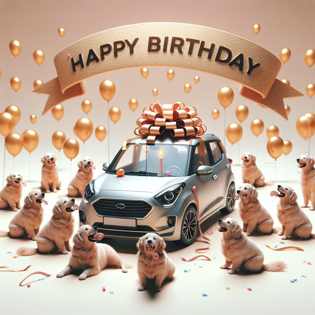 A charming birthday scenario unfolds, with a streamlined compact car taking the spotlight. The car is festooned with ribbons, nestled amidst five golden retrievers. In their mouths, each dog carries a birthday banner, with their tails flapping energetically. Floating balloons fill the air above, lending the setting a touch of playful light-heartedness that embodies the joy of this unique birthday celebration.
Generated with these themes: Vauxhall Adam, and Golden retrievers.
Made with ❤️ by AI.