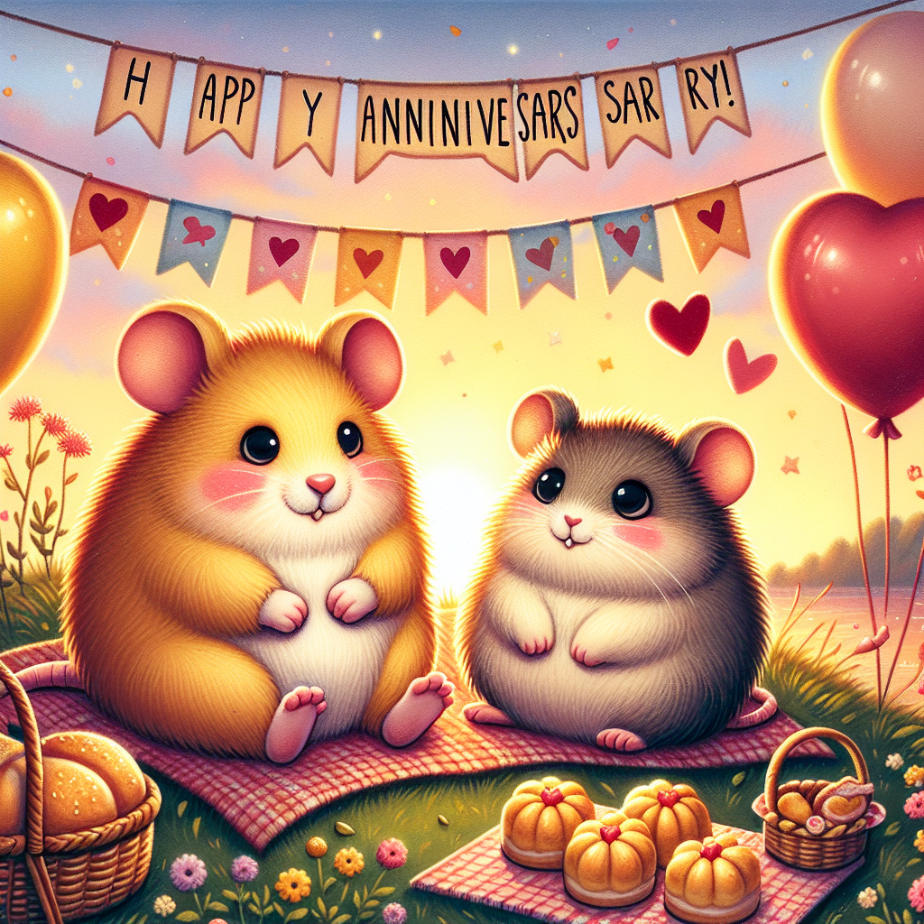 A whimsical illustration celebrating an anniversary with a cozy scene where a chubby, yellow, cheeky rodent and a fluffy, brown, wide-eyed mammal are sitting on a grassy hill, watching the sunset. They're surrounded by heart-shaped balloons, with a picnic basket nearby filled with puff pastries shaped like stars. In the background, a banner reads 'Happy Anniversary!' with playful, vibrant colors.
Generated with these themes: pokemon.
Made with ❤️ by AI.