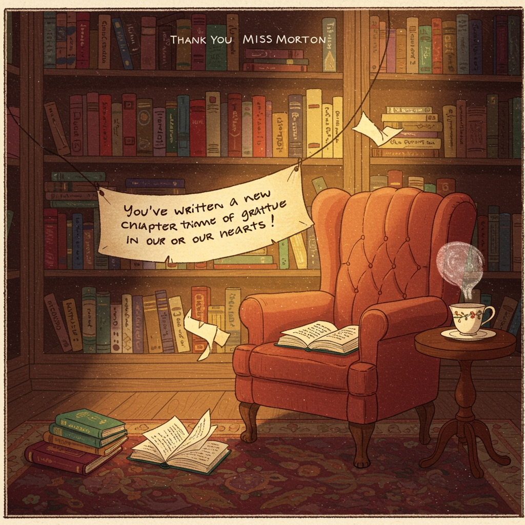 At the top of the Illustration Style image, include the text "Thank You Miss Morton."

**Image Description:**

Create a cozy, inviting library scene bathed in warm, golden light. A tall, wooden bookshelf filled with various colorful books stretches across the background, each spine showing titles that hint at stories of gratitude and appreciation. A plush, vintage armchair sits to the side with a thick, open book resting on its seat, pages slightly fluttering as if in mid-read. A small table beside the chair holds a steaming cup of tea, sending wisps of aromatic steam into the air.

In the foreground, a gently fluttering banner made of book pages floats through the air with a handwritten message: "You've written a new chapter of gratitude in our hearts." The whole scene is delicately illustrated with fine lines and rich textures, using a palette of warm earth tones, deep reds, and gentle yellows, exuding sincerity and warmth.
Generated with these themes: Thank you, Books, and .
Made with ❤️ by AI.