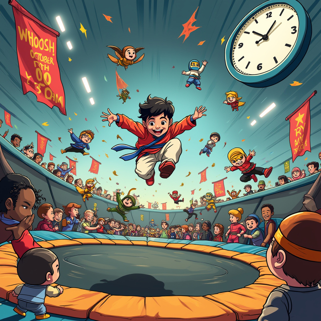 In the bustling arena of Altitude Skokie, a vibrant birthday scene unfolds with a whimsical mix of martial arts and airborne antics. Center stage is a trampoline, launching kids into the air like popcorn, each dressed as their favorite Ninjago character with colorful masks and ninja attire. Amidst the trampoline chaos, young Rishaan, the birthday star, is soaring gracefully, a wide grin on his face as he mimics a Taekwondo high kick mid-air, his white uniform flaring out dramatically. To the side, a giant digital clock on the wall reads "October 20th, 11:30 AM," ticking down the minutes to the main event. Scattered throughout are playful comic-style sound effects like "WHOOSH!" and "HI-YAH!" in bold, bubble letters, echoing the thrilling energy of the scene.

Perched on the trampoline edge, a trio of cartoon birds, reminiscent of Schulz's Woodstock, are wearing tiny ninja headbands, attempting their own comical leaps with exaggerated expressions. A cleverly designed RSVP scroll, made to look like an ancient martial arts scroll, hangs from the ceiling with "RSVP by October 15th" emblazoned in a calligraphy style inspired by Tezuka's manga flair.

In the background, birthday banners wave, styled after Watterson's whimsical landscapes, with illustrated ninja stars and playful Taekwondo belts interwoven into the design. The crowd is a cheerful mosaic of kids and parents, drawn with Eisner's detailed expressions, capturing the joy and excitement. In a nod to Hergé's clean lines, the setting is crisp and vibrant, full of energy and movement, yet balanced with subtle humor akin to Larson's The Far Side, creating a captivating and amusing birthday card scene.
Generated with these themes: Ninjago, Taekwondo, Trampoline, Rishaan's Birthday, October 20th 11.30 am, Altitude Skokie, and RSVP by October 15th.
Made with ❤️ by AI.