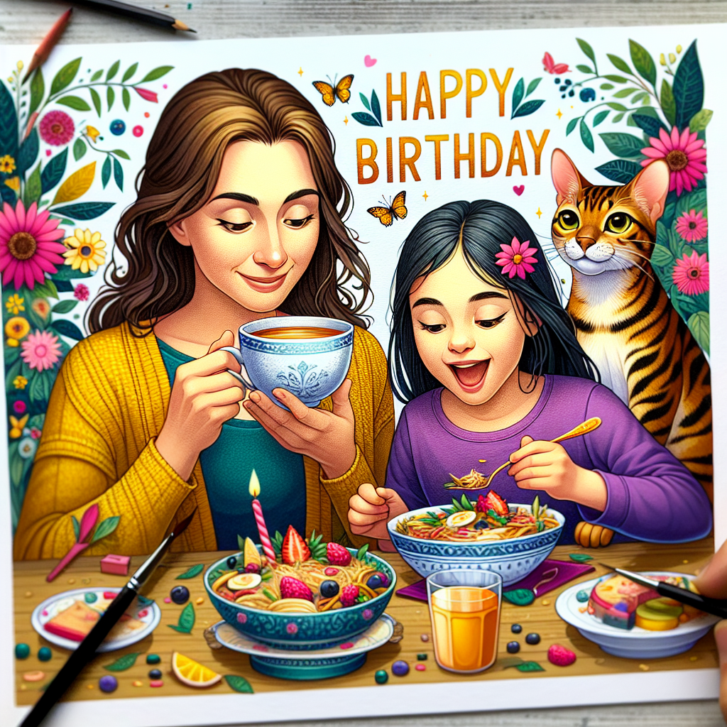 Craft a vibrant birthday illustration depicting a Caucasian woman with brown hair and a Hispanic girl, both engrossed in a festive meal. The woman is indulging in her cup of tea, while the girl is excitedly devouring her meal. They are enhanced by the company of a curious tabby cat and a majestic Bengal cat. These pets add an element of warmth to the scene. The setting emanates joy and is adorned with a joyful 'Happy Birthday' greeting.
Generated with these themes: Brown hair woman, Tea, Eating food, Tabby cat, Bengal cat, Happy birthday, and Brown skinned girl.
Made with ❤️ by AI.