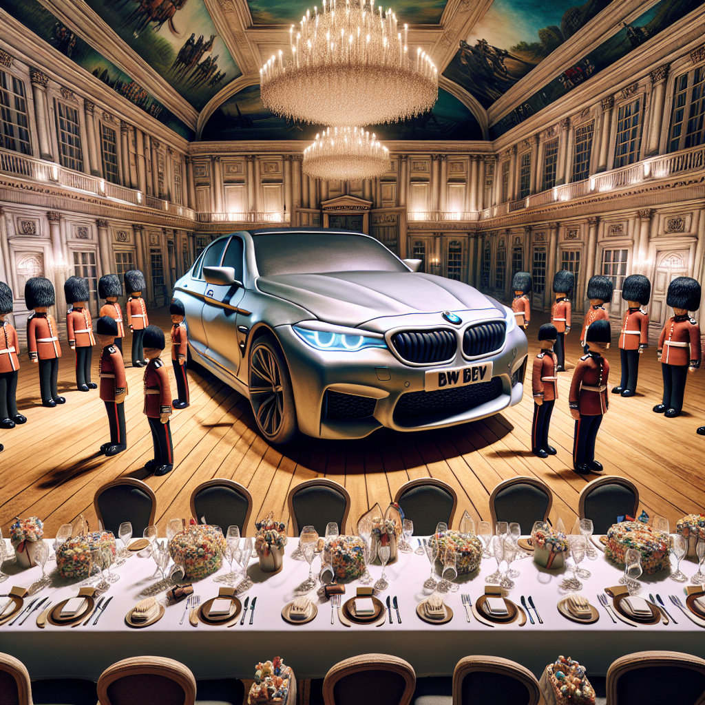 Create a dreamlike image of a birthday celebration set in a grand ballroom designed with a theme reminiscent of British army barracks. At the center of this room, showcase a gigantic, realistic birthday cake modeled to look like a sleek BMW car. Surround this cake with marzipan soldiers, dressed in formal uniforms, standing in a ceremonial guard posture. Depict a series of tables, each carefully set with centerpieces comprising glasses, each filled to the brim with a mysterious liquid that constantly changes its color, providing the room with an enchanting glow.
Generated with these themes: Bmw, British army, and Gin glass.
Made with ❤️ by AI.