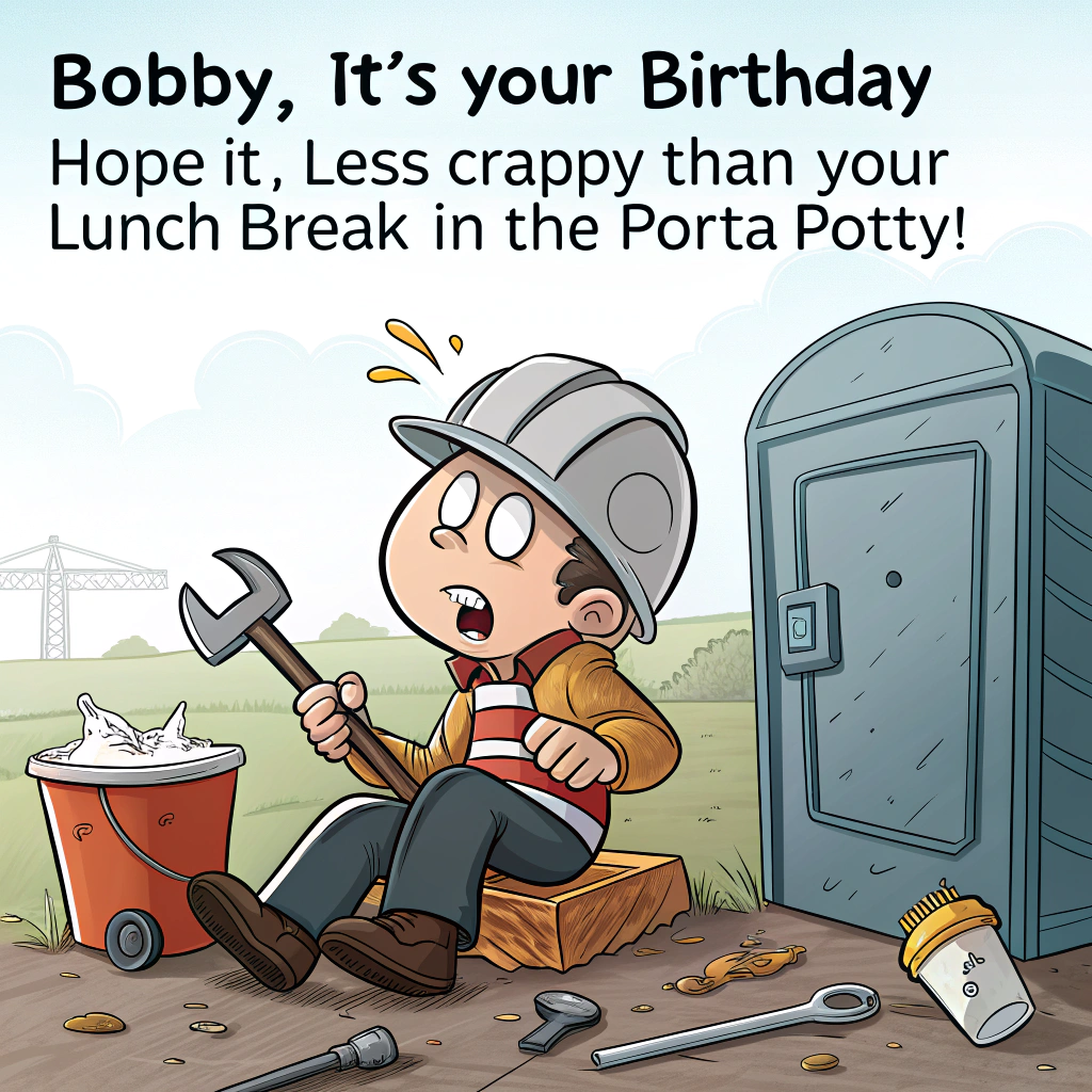 At the top of the image, "Bobby, it's your birthday—hope it’s less crappy than your lunch break in the Porta Potty!"

- In the center of the image, show a frazzled cartoon construction worker (Bobby) wearing a grey hard hat, sitting on an overturned bucket outside a suspiciously wobbly porta potty with the door half-hinged. He’s surrounded by a pile of broken tools—a hammer head snapped off, a twisted wrench, and a screwdriver that looks like it melted in the sun.  
- Bobby is attempting to eat a birthday cupcake that’s squashed flat from being in his toolbelt, and he’s holding it with grease-covered fingers.
- In the background, other cartoon workers laugh while barbecuing on a steel beam high above the ground.
- A small birthday banner saying “Good Luck Surviving This Shift” is strung crookedly between two cones.  
- A safety sign nearby reads, “Caution: Broken Tools & Questionable Tacos.”
Generated with these themes: Worker in Grey Hard Hat, Porta Potty, Broken Tools, and Food.
Made with ❤️ by AI.