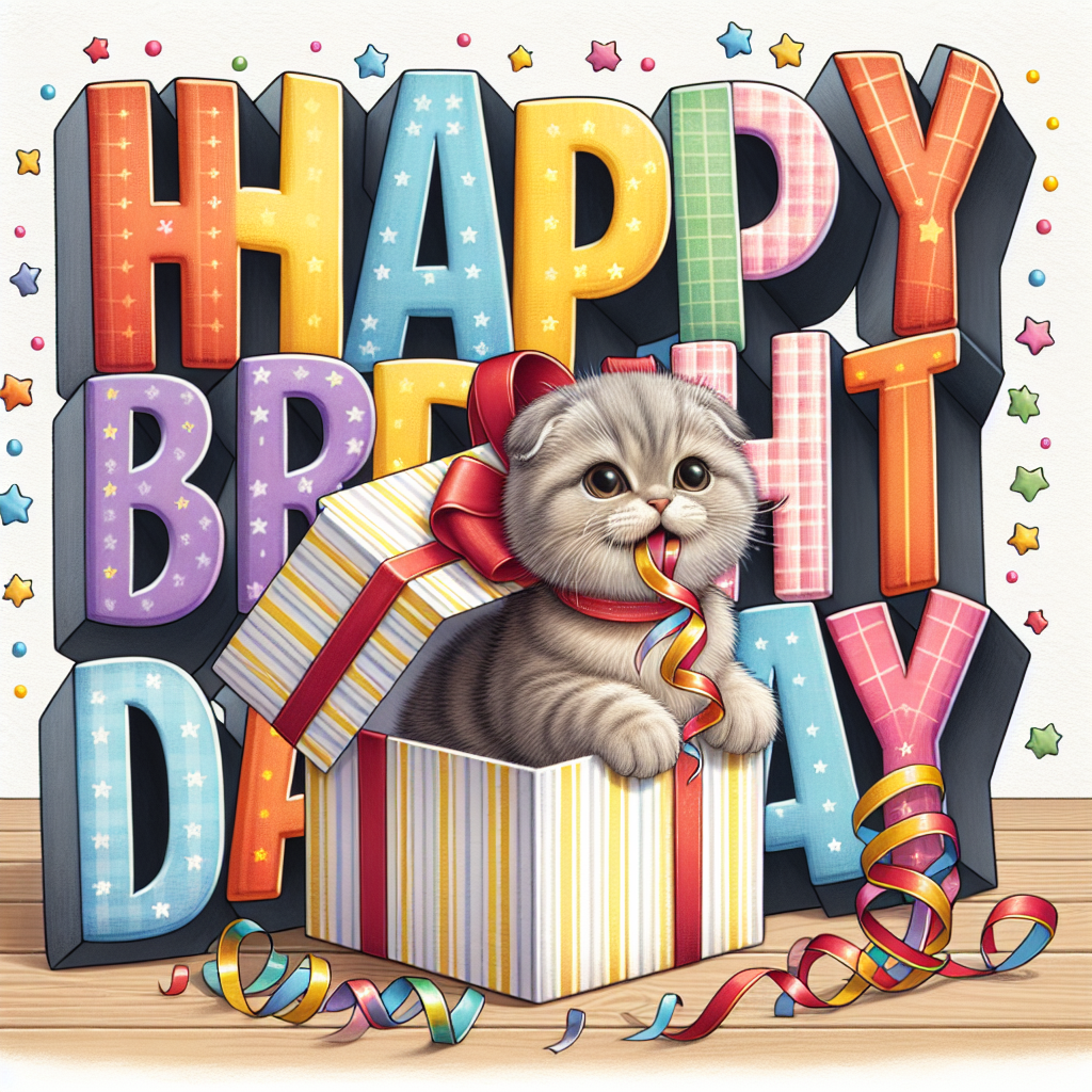 An adorable illustration on the birthday card shows a Scottish Fold kitten popping out of a gift box, with a streamer in its mouth. Behind the kitten, 'Happy Birthday' is spelled out in block letters, adorned with little stars to enhance the celebratory mood.
Generated with these themes: Scottish Fold Birthday Cards.
Made with ❤️ by AI.