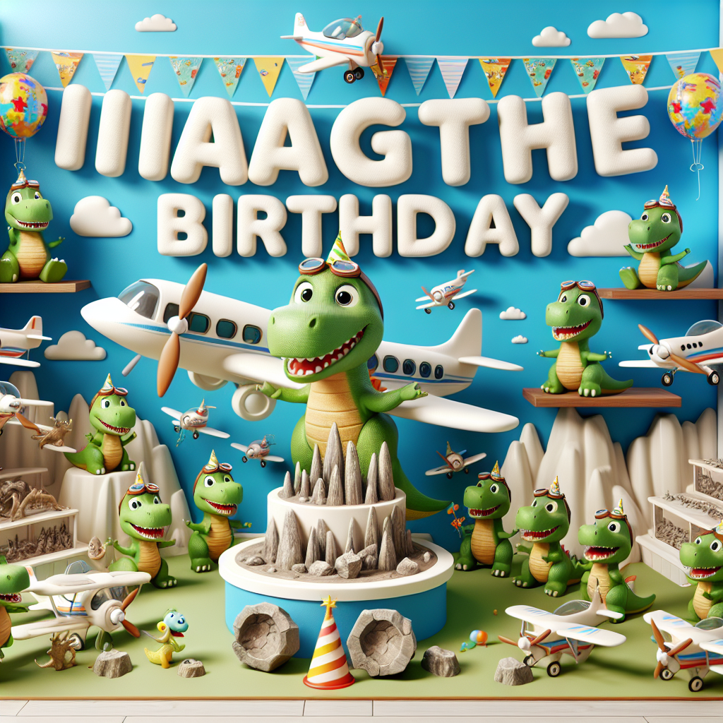 Imagine a cheerful birthday setup at the heart of which are a group of adorable cartoon dinosaurs neatly arranging an exhibit of complex dinosaur fossils. Tiny model airplanes adorn the outer areas of the scene, each masterfully designed and operated by joyous cartoon dinosaurs, introducing a unique aviation twist to the prehistoric birthday theme.
Generated with these themes: Dinosaur fossils , and Model planes.
Made with ❤️ by AI.