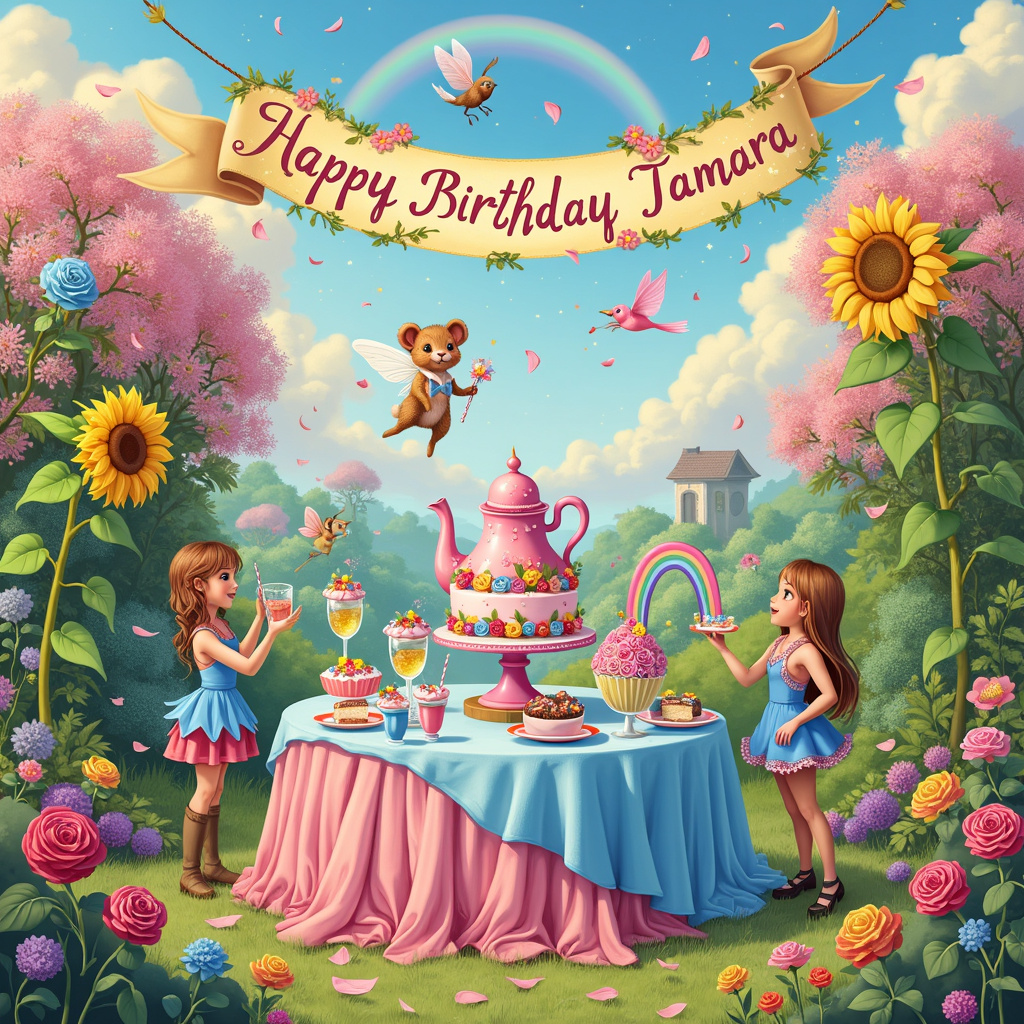 The scene unfolds in a whimsical garden party set against the backdrop of a vibrant, blue sky dotted with fluffy, pink-tinged clouds. This garden is not an ordinary one; it is a magical bloomscape where flowers in every color imaginable grow taller than the average person, their petals shimmering like stained glass under the sunlight. 

In the center of the scene, there is a large, ornately decorated table covered with a pastel blue and pink tablecloth that cascades down to the grass, creating a soft, ruffled effect. The table is laden with an array of treats – cupcakes with rainbow frosting, a giant pink cake with blue roses, and tall glasses of sparkling lemonade with tiny umbrellas. A colorful, oversized teapot, reminiscent of something out of a Beatrix Potter illustration, sits proudly among the treats, steaming gently.

To the left of the table, a group of mischievous fairies, drawn with a nod to Quentin Blake's whimsical style, are seen hovering around, sprinkling petals like confetti. Each fairy is dressed in an assortment of blue and pink garments that flutter as they move, adding to the lively energy of the scene.

Above the table, strung between two tall sunflowers, is a festive banner with "Happy Birthday Tamara" written in a flowing script made to look like intertwined flower stems and petals. The letters appear to be blooming right off the banner, giving it a three-dimensional effect. 

In the background, the garden extends, with winding paths that lead to little nooks filled with more flowers and tiny, charming garden animals – a nod to Beatrix Potter’s beloved characters. A rabbit in a little waistcoat peeks out from behind a rose bush, while a family of hedgehogs in blue and pink bow ties scurries along the path.

In the sky, amongst the pink clouds, you can see a faint outline of "Tamara" written in fluffy, cloud-like script, gently echoing the name on the banner. The sky also holds a magical rainbow, whose arcs seem to touch the tops of the flowers, and tiny birds with blue and pink plumage fly in and out of the scene, adding motion and delight.

This intricate garden party scene is alive with color, movement, and the enchanting elements that draw inspiration from the likes of Norman Rockwell’s detailed storytelling and the whimsical charm of Maurice Sendak’s creatures, all blending together to create a perfect birthday card cover for Tamara.
Generated with these themes: Colorful Flowers, Blue, and Pink.
Made with ❤️ by AI.