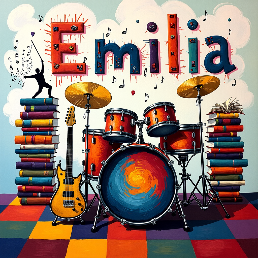 In the center of the card, a vibrant, swirling whirlpool of color mimics the energetic chaos of a Jackson Pollock painting. Here, the vibrant strokes and splatters form the rough shape of a drum kit, where cymbals appear like splashes of golden paint that shimmer against a backdrop of intense blues and reds. The bass drum is a large, solid circle that echoes Kandinsky’s geometric passion, with swirling lines that seem to reverberate in sound waves. Perched upon the tom-toms is a pile of books, their spines resembling the rigid structure of a Mondrian grid. Each book cover features abstract, blocky shapes in bold primary colors, interwoven with whimsical doodles that nod to Miró's playful style. Nearby, an electric guitar leans against a stack of more books, its body painted with a dizzying Rothko-esque gradient of deep purples and pinks, strings made visible by shimmering metallic lines.

Above this lively symphony, the sky is an expressive expanse of de Kooning-esque brushstrokes, swirling in white and pastel hues. Among the clouds, the name "Emilia" dances through the sky as if carried by the breeze, each letter artfully crafted from whimsical music notes and miniature books floating weightlessly. A cascade of vibrant, Twombly-inspired scribbles trails behind each letter, adding an extra layer of delightful chaos to the sky.

To the left, an abstract figure of a musician, a silhouette composed of color blocks, seems to energetically engage with this scene, its arms made of intertwining brushstrokes that echo the fluidity of Richter's blurs. Finally, beneath it all, the ground is a Mondrian-style checkered landscape of vibrant color fields, where each square holds a hidden detail — a tiny guitar pick, a minuscule drumstick, or a diminutive open book — inviting Emilia to uncover these hidden surprises in her birthday scene.
Generated with these themes: Drum kit, books, guitar.
Made with ❤️ by AI.