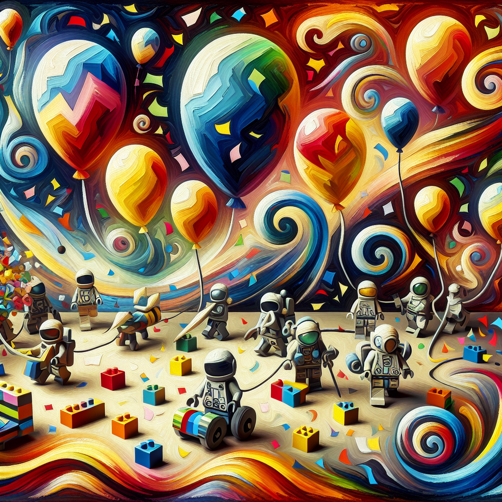 Imagine a playful birthday scene rendered as an abstract tapestry. This vibrant scene showcases imaginative elements like geometric balloons painted in different colors and confetti depicted as swirling paint strokes. In between this artistic chaos, you would see characters reminiscent of space stories, built with interlocking toy bricks, poised for action. The festive atmosphere is accentuated by space-themed elements, acknowledging the timeless appeal of space adventures, thus turning this abstract celebration into a whimsical space adventure set within the domain of interlocking brick toys.
Generated with these themes: Star Wars Lego.
Made with ❤️ by AI.