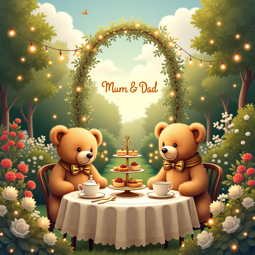 **Front Cover Illustration Description:**

**Scene Overview:**
The scene is set in a quaint, lush garden bathed in the soft, golden glow of a late afternoon sun. It's a charming blend of realistic and heartwarming details that celebrate a Golden Wedding Anniversary.

**Central Elements:**

1. **Bears:**
   - Two charming, life-like teddy bears are the focal point. They are seated at a small, elegantly set round table.
   - The bears are adorned with little accessories; one wears a miniature golden bow tie and the other, a delicate, gold lace scarf.

2. **Afternoon Tea Setting:**
   - The table is covered with a luxurious cream lace tablecloth.
   - Delicate fine china teacups with golden rims sit on the table, alongside a matching teapot with steam softly curling into the air.
   - A three-tiered stand brimming with an assortment of pastries, scones, and finger sandwiches sits at the center. Each tier of the stand is adorned with a thin golden ribbon.

3. **Golden Wedding Anniversary Accents:**
   - A small cake is placed prominently on the table, decorated with a gilded number "50" as a topper.
   - Gold-colored cutlery and a small, elegant vase with white roses and a sprinkling of baby’s breath serve as additional accents.

**Background:**

1. **Garden Setting:**
   - The background is a lush garden, filled with verdant greenery and blooming flowers in warm colors such as deep reds, rich yellows, and soft pinks.
   - There’s an archway made of intertwined vines and golden fairy lights, creating an intimate and festive atmosphere.

2. **Additional Details:**
   - In the sky above, formed by a light arrangement of fluffy clouds, the words "Mum & Dad" are subtly visible, giving a personalized touch to the scene.
   - The garden pathway leading to the tea table is lined with small, glowing lanterns that hint at an evening celebration.

This scene is designed to evoke a sense of celebration through its detailed and realistic portrayal of a golden anniversary, incorporating elements of love, longevity, and a shared lifetime of delightful moments.
Generated with these themes: Golden Wedding Anniversary, Bears, Afternoon tea, Garden, and 50.
Made with ❤️ by AI.